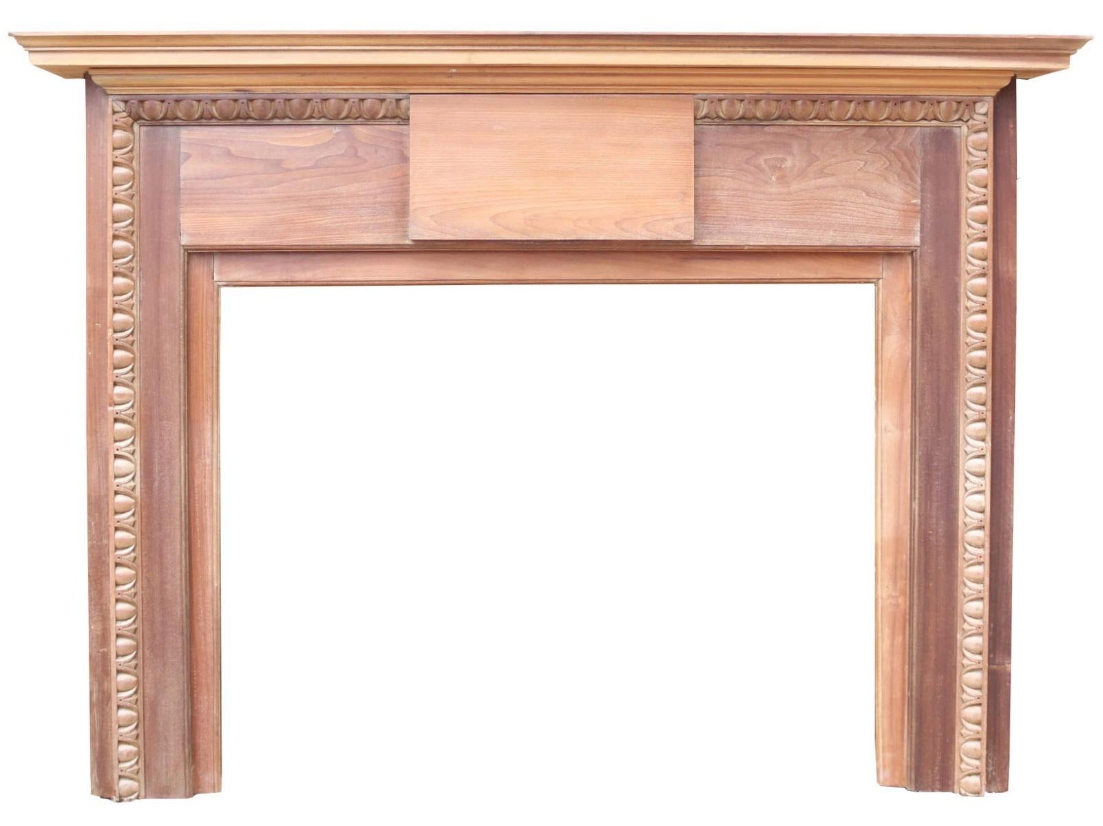 This English fire surround features hand carved egg and dart moulding.  By repute, from Mickleham hall, Dorking.

Additional dimensions

Opening height 75.5 cm

Opening width 96.5 cm

Width between outside of legs 137 cm.