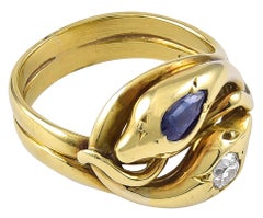 Antique European 18 Karat Gold Sapphire and Diamond Double Headed Snake Ring