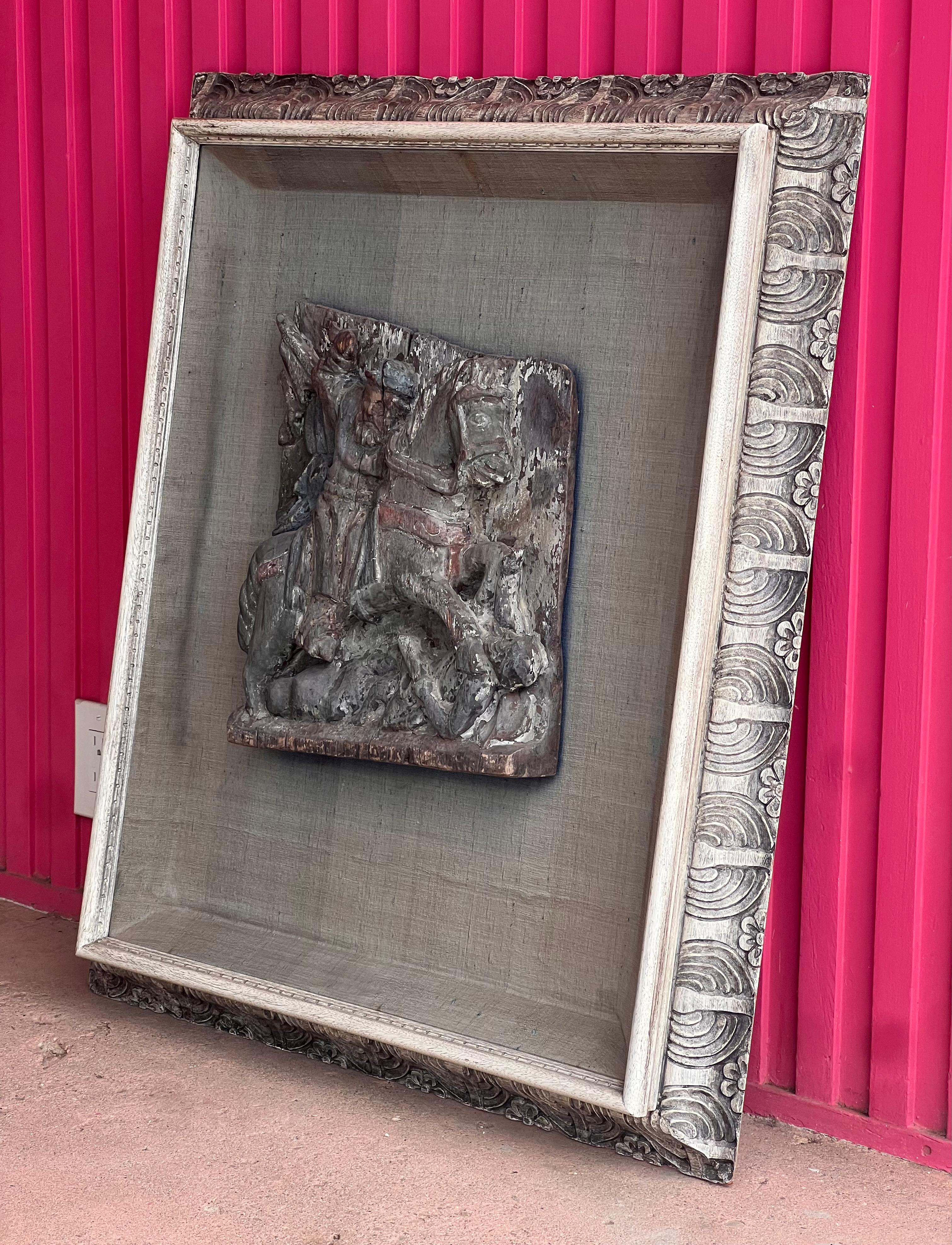 Medieval An antique framed wood carving, 19th century For Sale