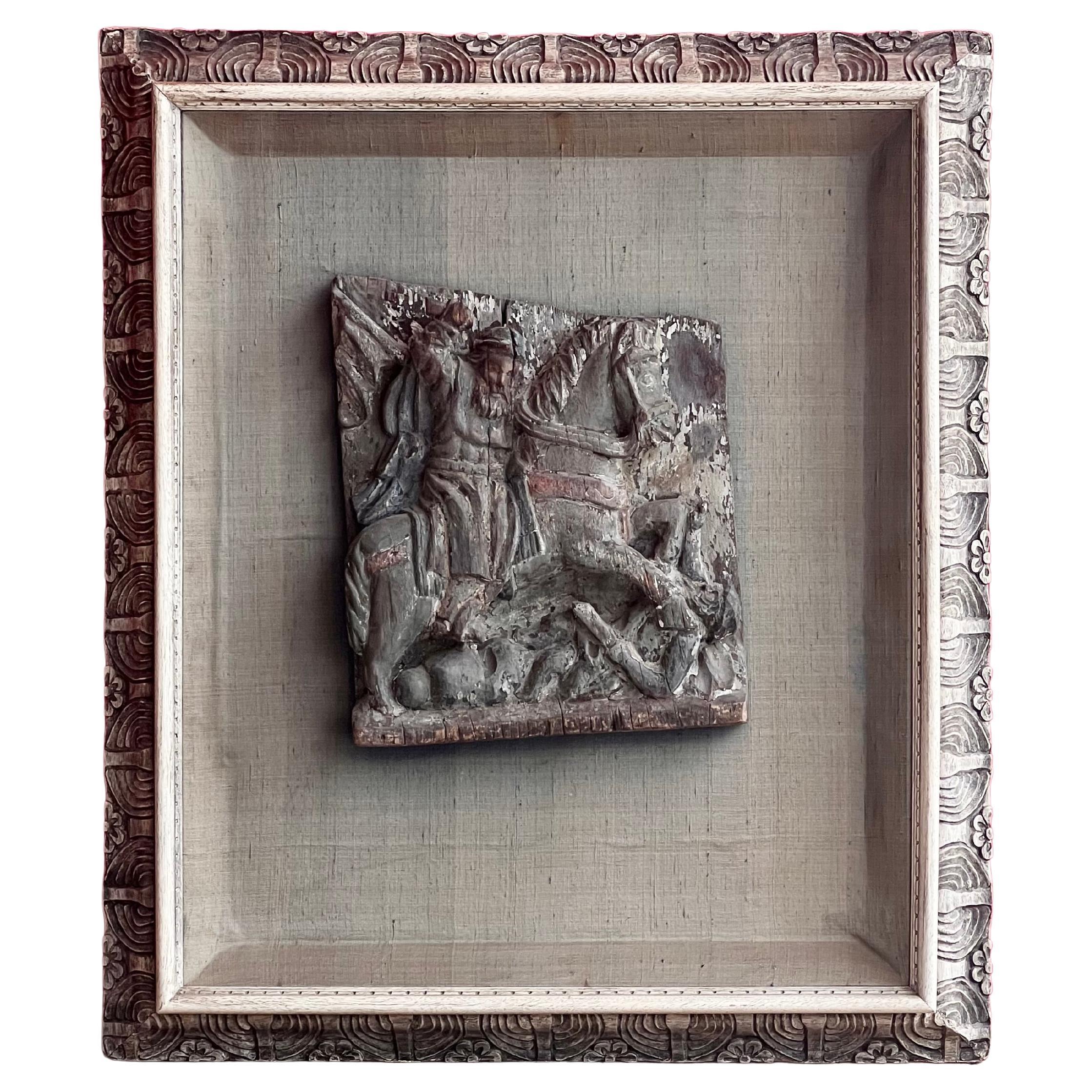 An antique framed wood carving, 19th century For Sale