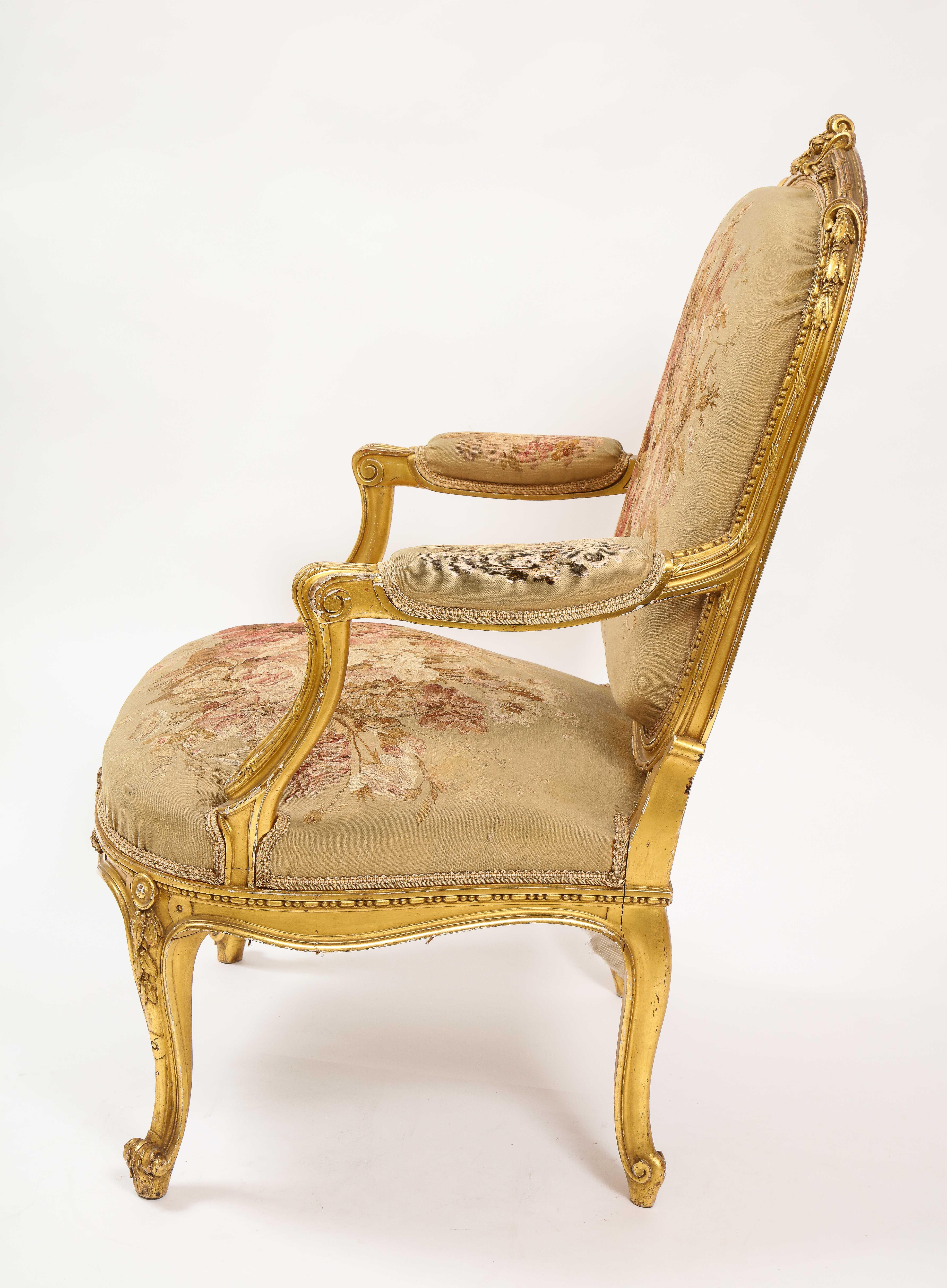 Late 19th Century An Antique French 19th C. 5 Piece Royal Giltwood & Aubusson Suite, Att. Linke