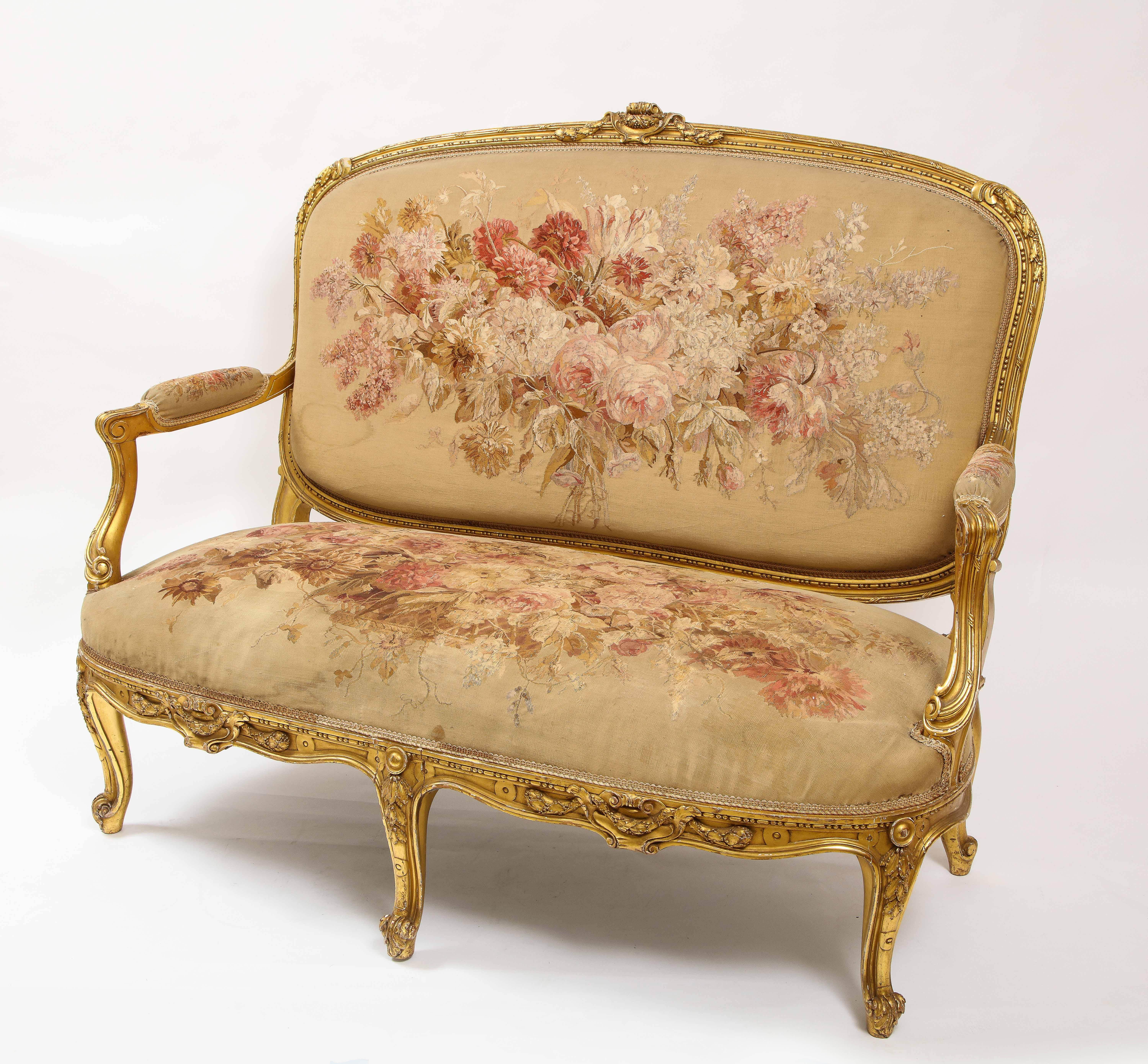 An Antique French 19th C. 5 Piece Royal Giltwood & Aubusson Suite, Att. Linke 1