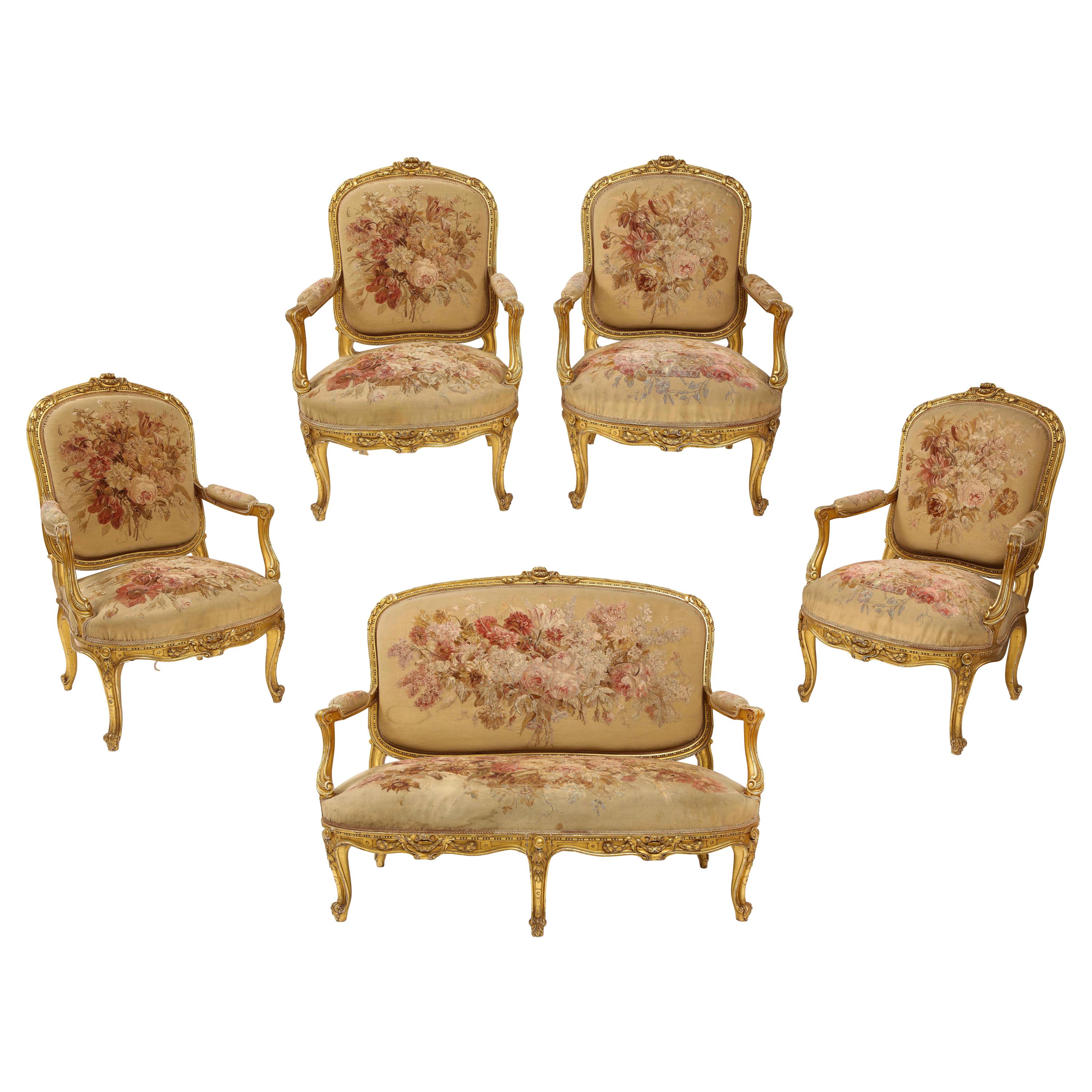 An Antique French 19th C. 5 Piece Royal Giltwood & Aubusson Suite, Att. Linke