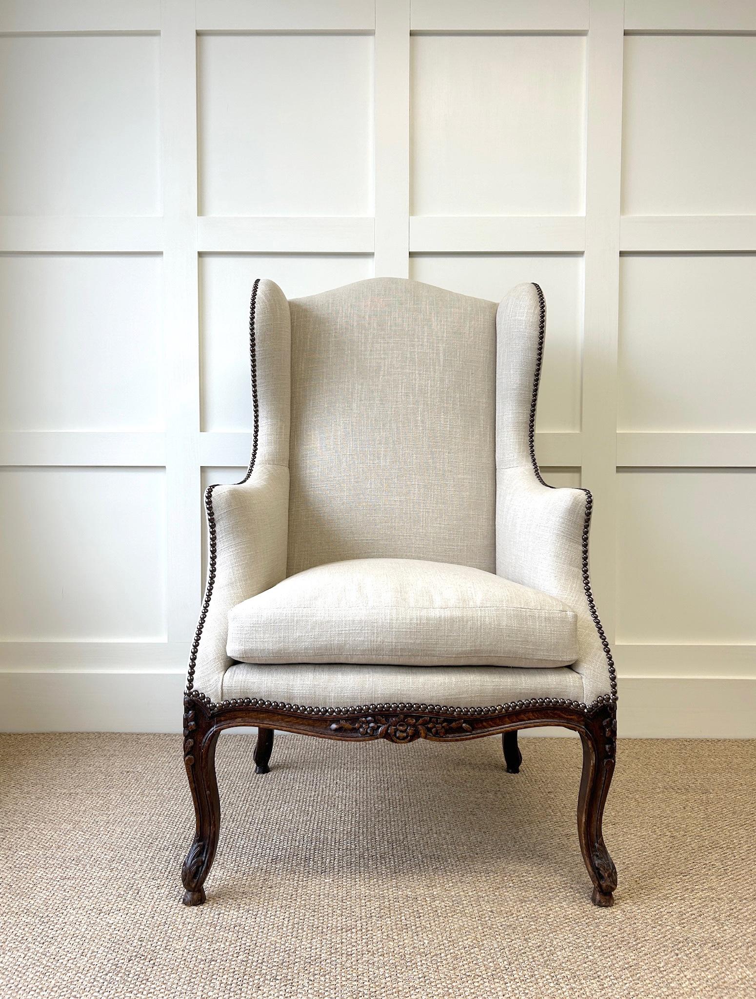 French Provincial An Antique French Arm Chair with New Kravet Linen Upholstery For Sale
