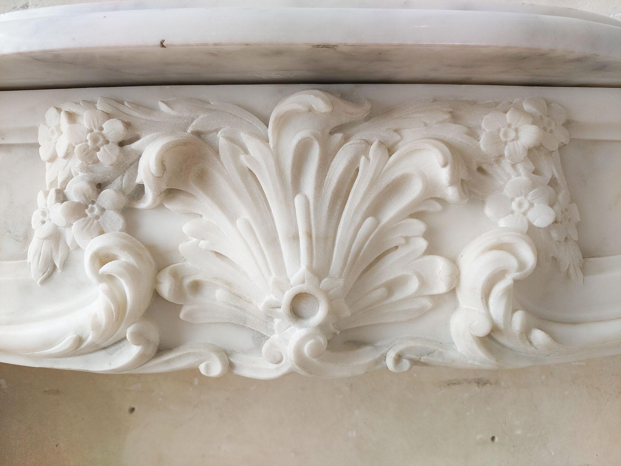 An Antique French Beautifully Carved Carrara Marble Fireplace with Coquille For Sale 6