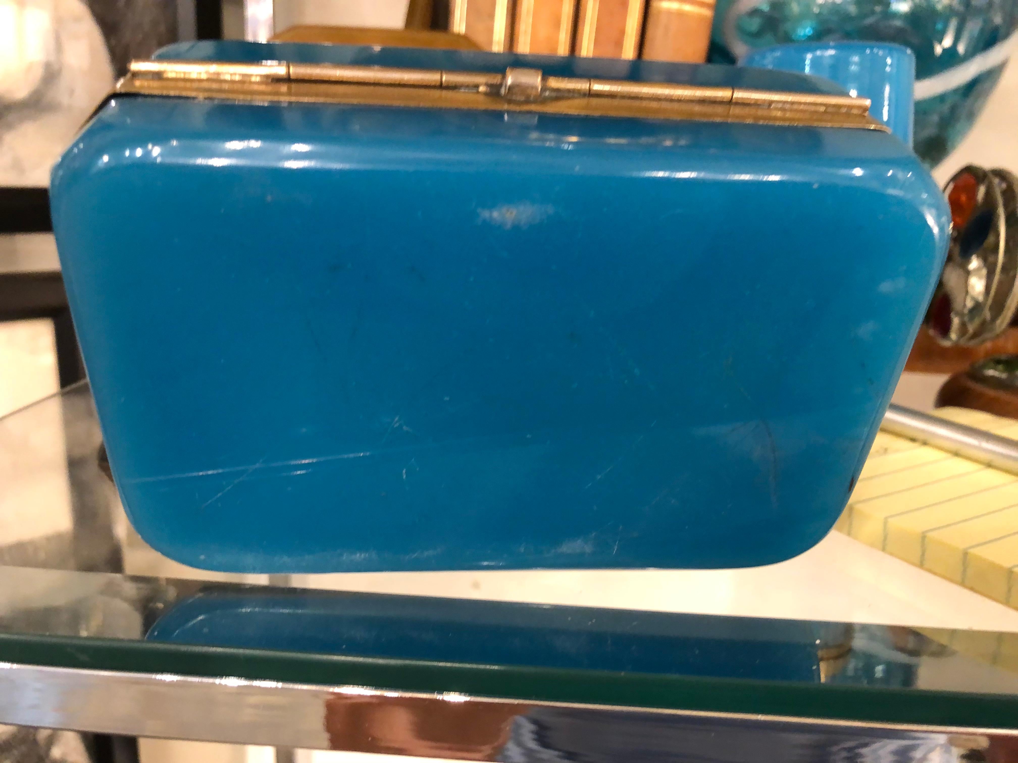 Neoclassical Antique French Blue Opaline Glass Casket Having a Hinged Doré Bronze Band