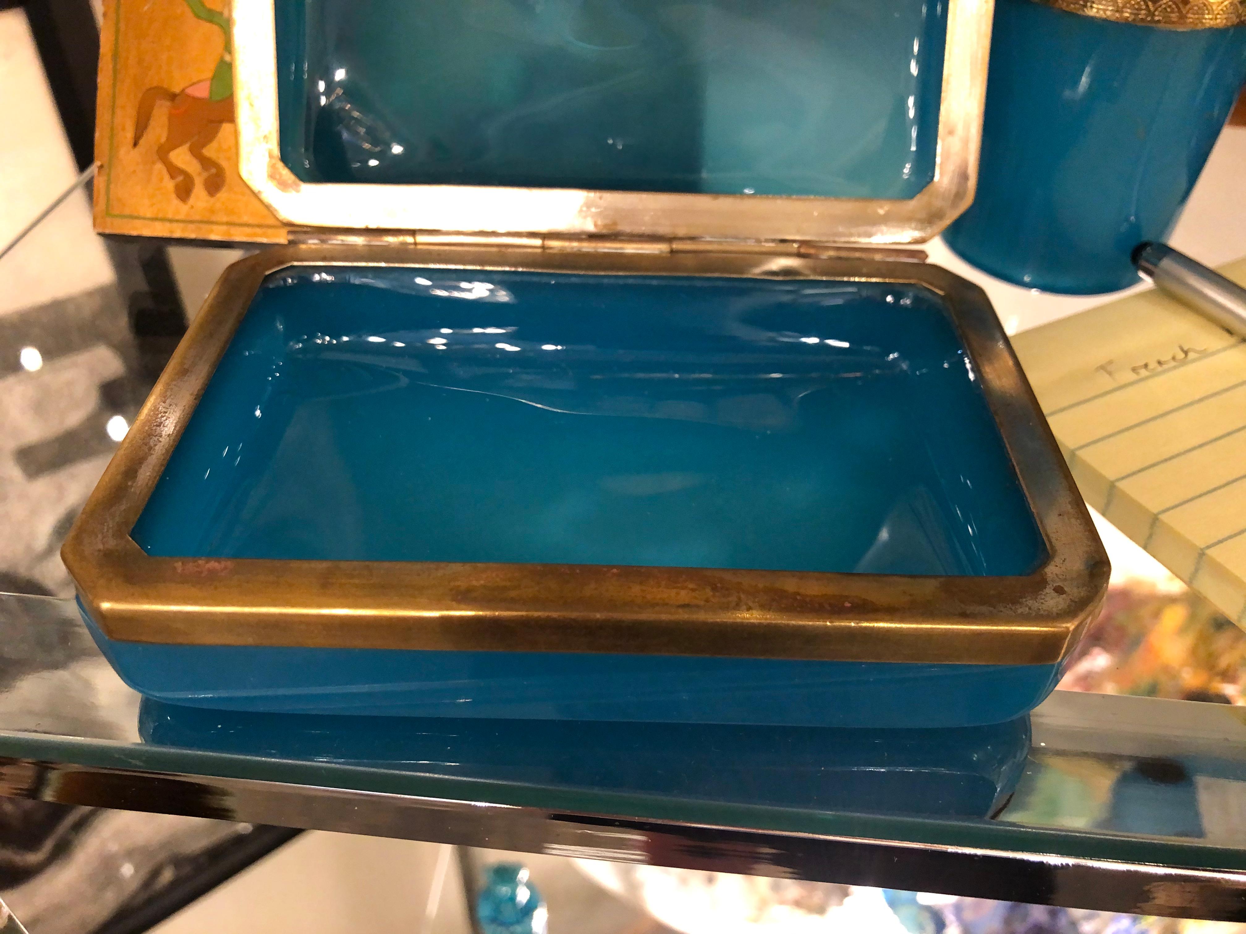 Antique French Blue Opaline Glass Casket Having a Hinged Doré Bronze Band In Excellent Condition In Chicago, IL