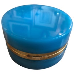 Antique French Blue Round Opaline Glass Box
