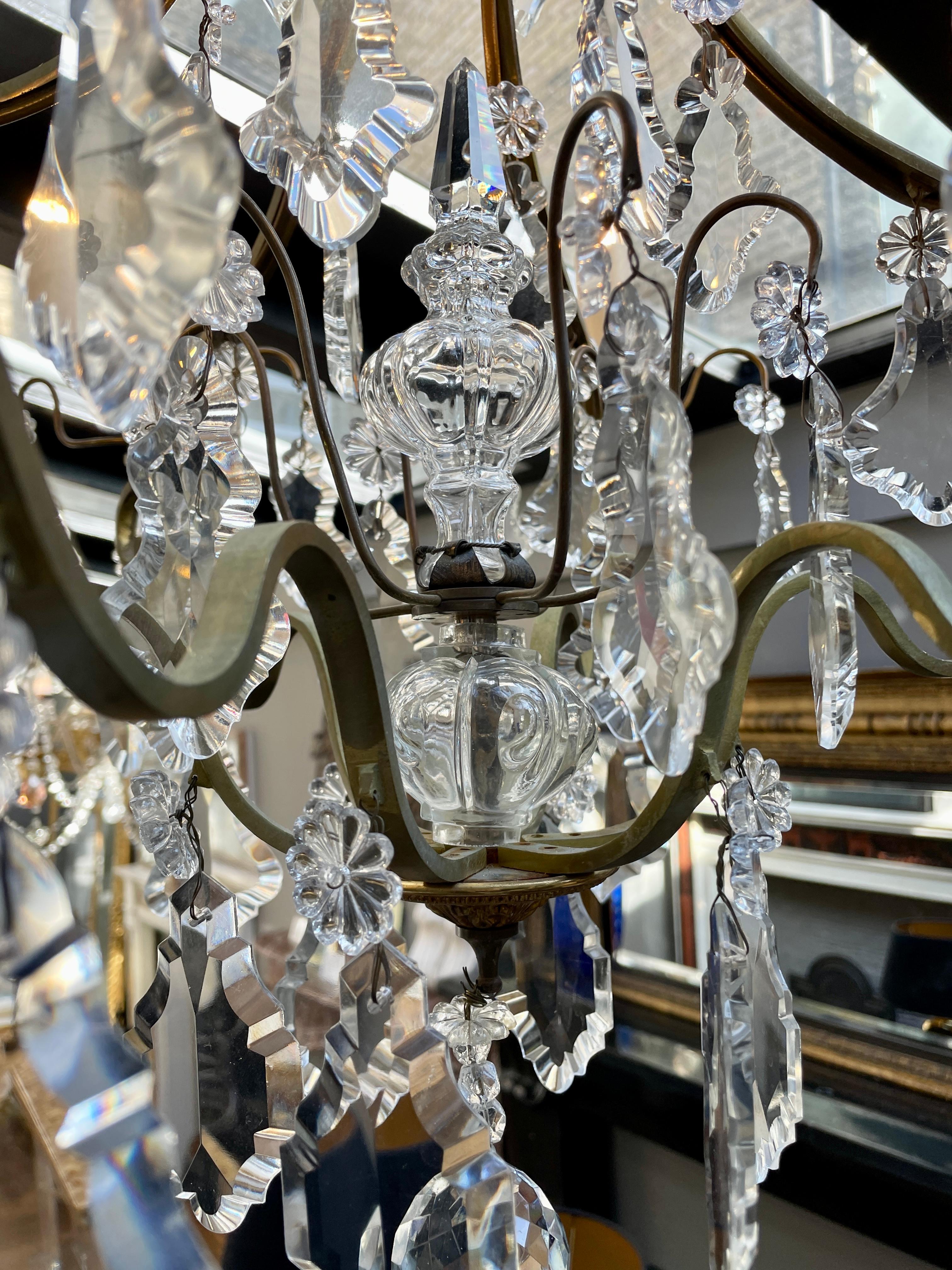 Antique French Brass and Crystal Cage Chandelier For Sale 4