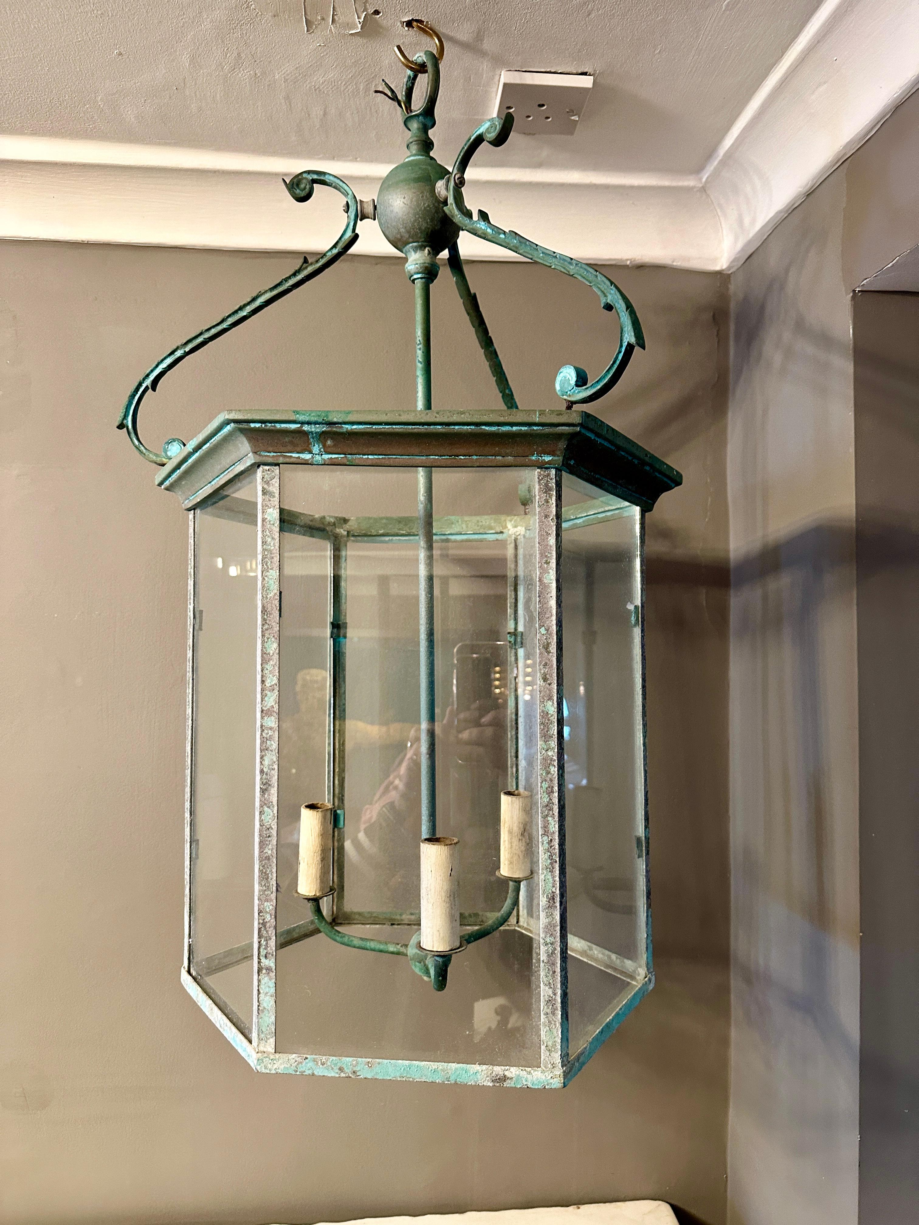 Ancienne lanterne française en bronze vert-de-gris en vente 2