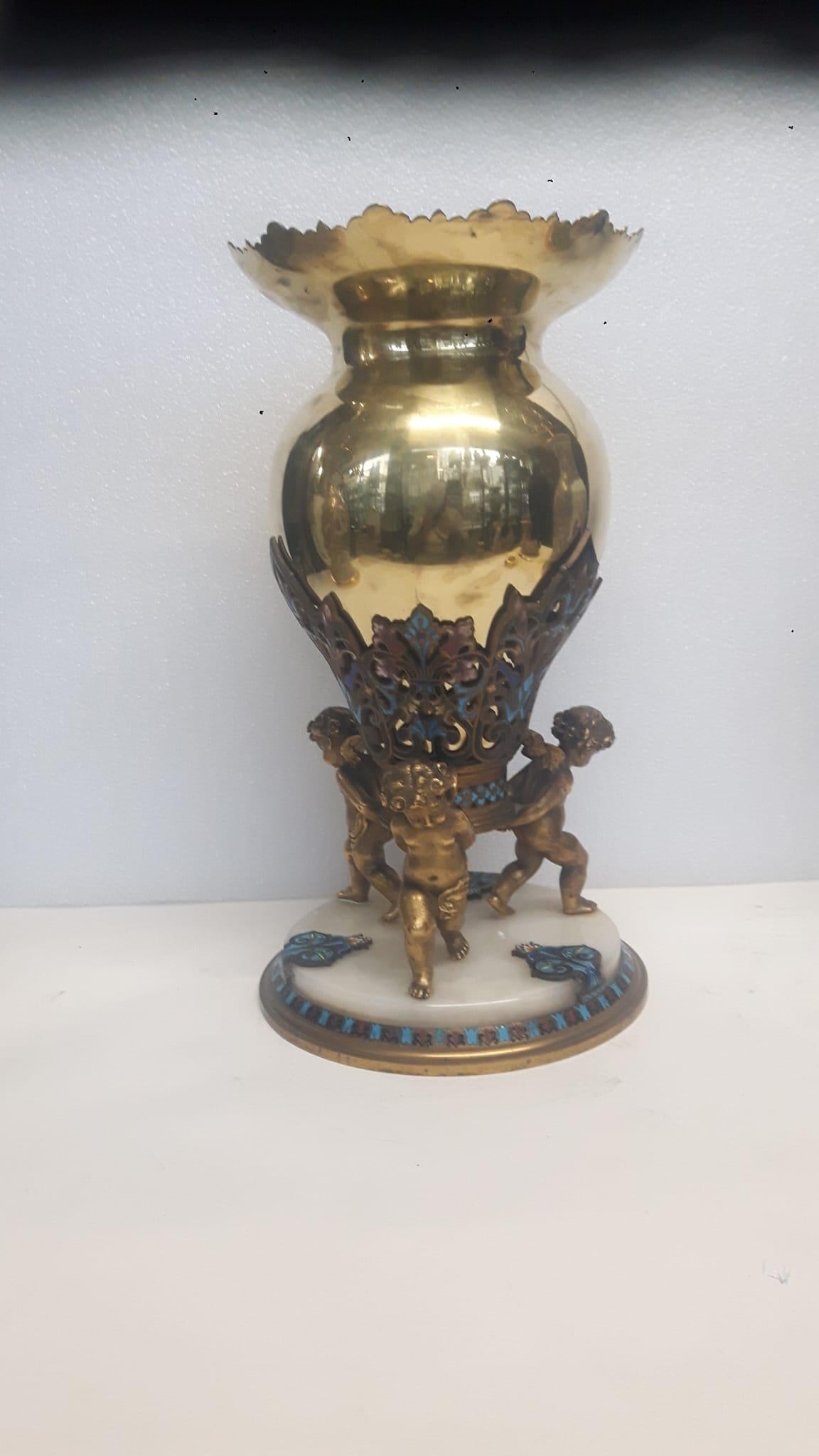 Napoleon III An antique French champlevé enamelled vase with a polished gilt metal body  For Sale