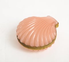 Antique French Dore Bronze Mounted Peach Opaline Sea-Shell Form Covered Box