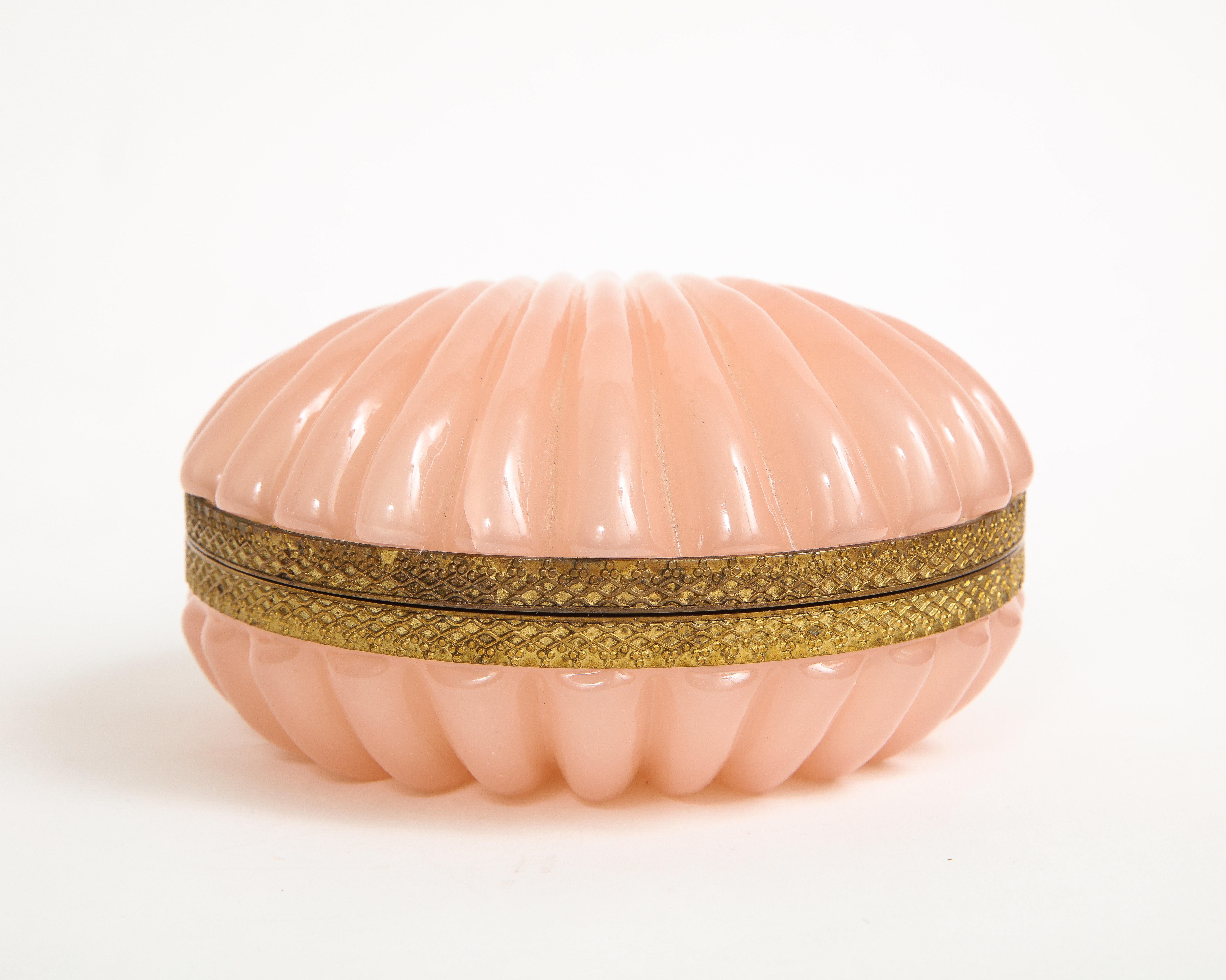 Mid-Century Modern Antique French Dore Bronze Mounted Peach Opaline Sea-Shell Form Covered Box