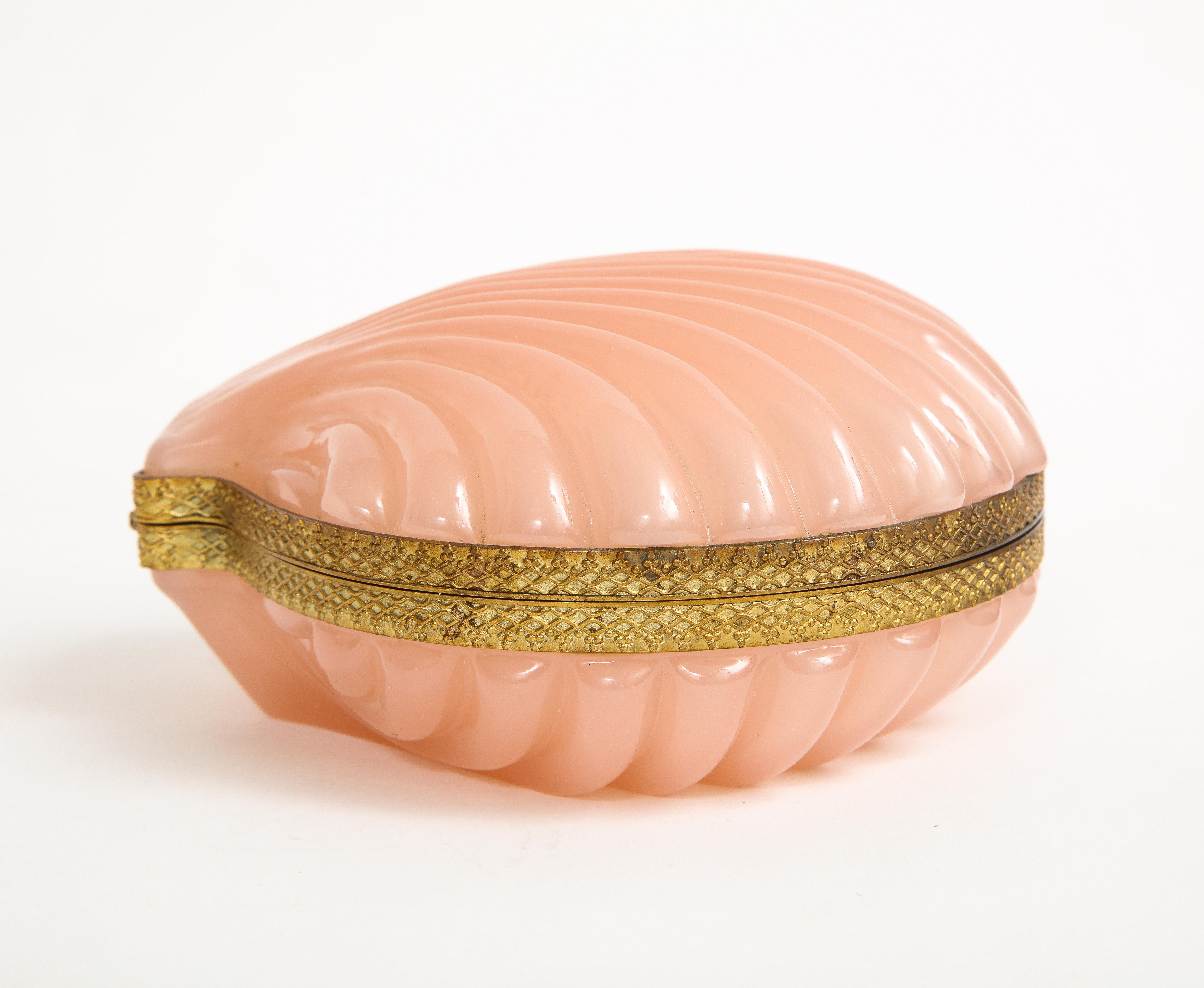 Gilt Antique French Dore Bronze Mounted Peach Opaline Sea-Shell Form Covered Box