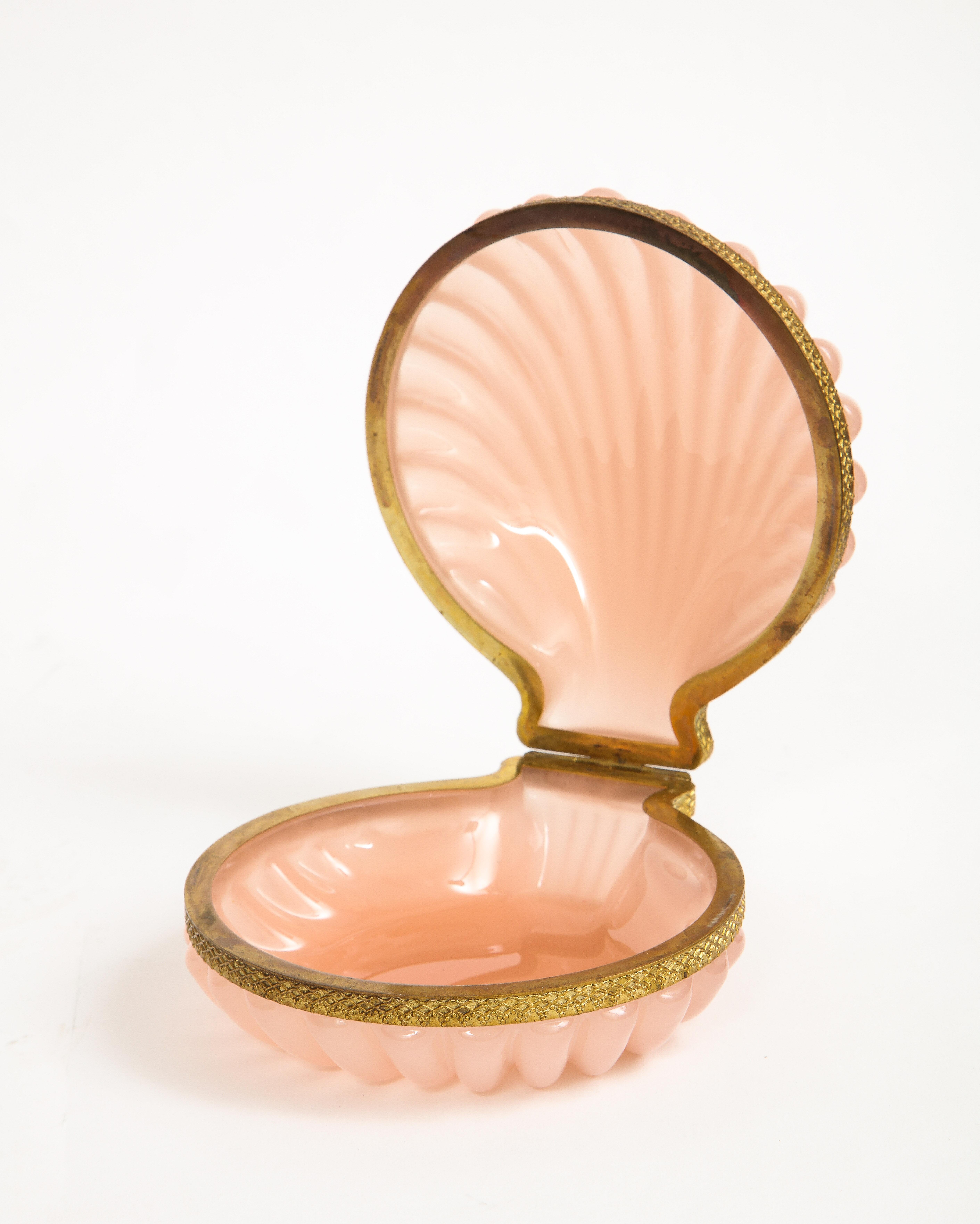 Antique French Dore Bronze Mounted Peach Opaline Sea-Shell Form Covered Box 2