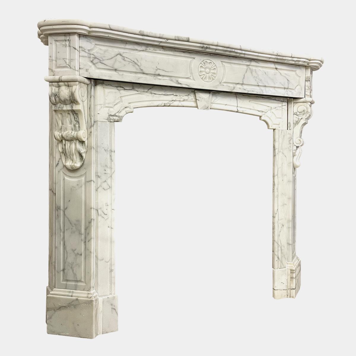 Carved Antique French Fireplace Mantel in Arabescato Marble