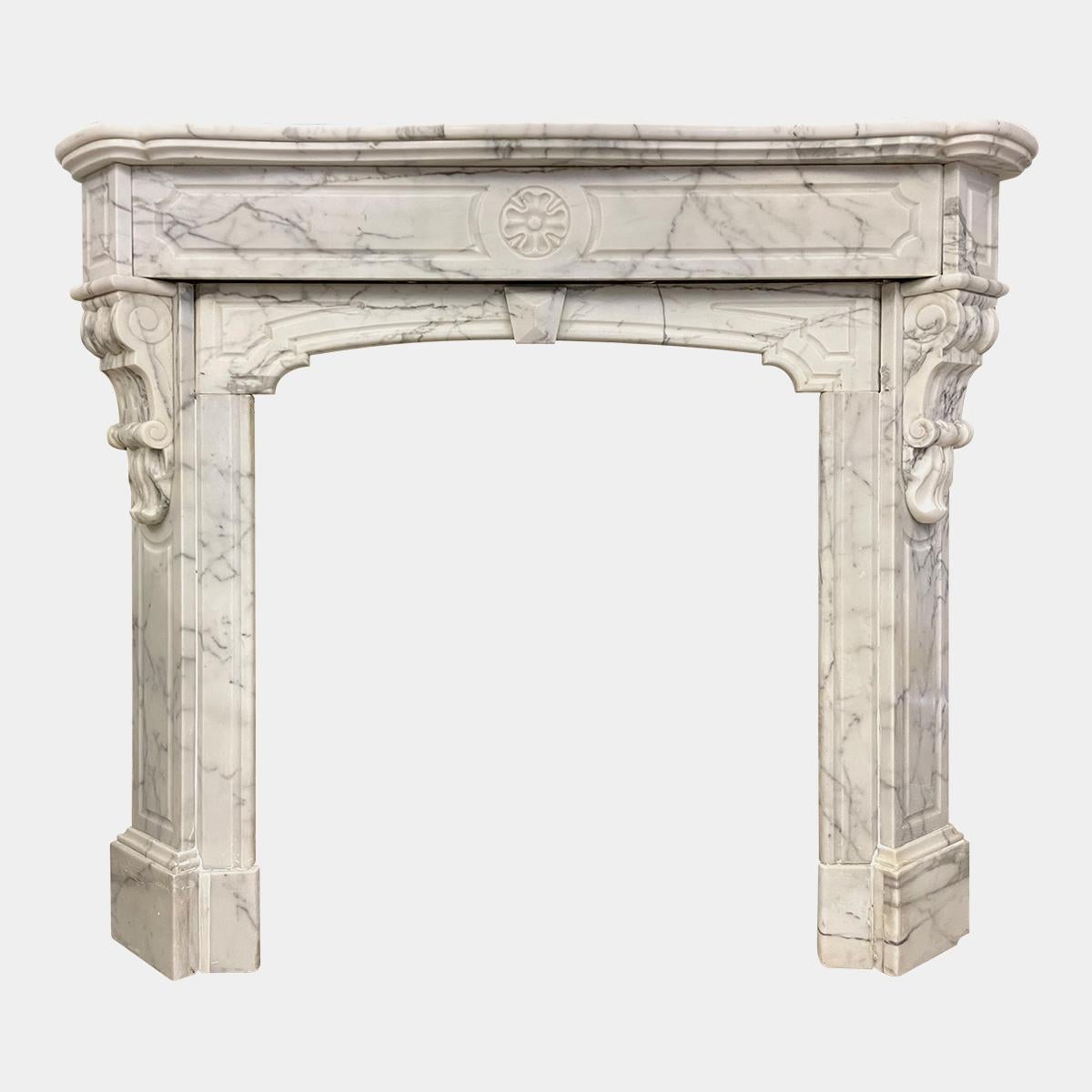 19th Century Antique French Fireplace Mantel in Arabescato Marble