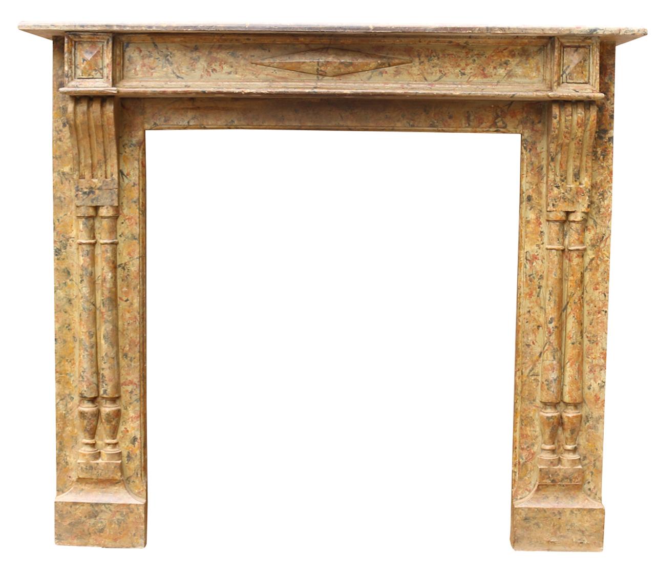 This fire surround has a hand painted scumble glaze finish.

Additional dimensions

Opening height 91 cm

Opening width 80 cm

Width between outside of legs 119.5 cm.