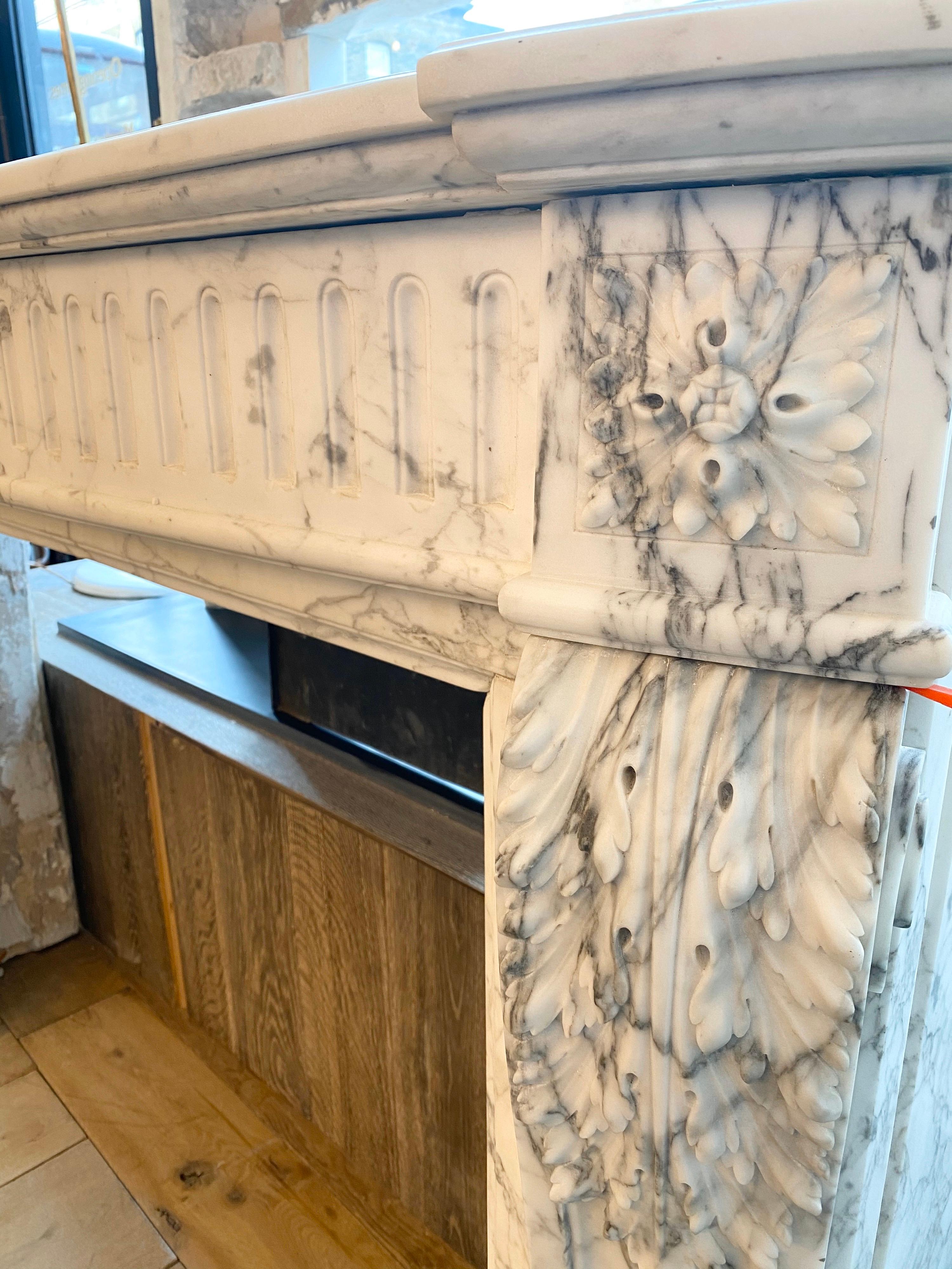 19th Century Antique French Louis XVI Fireplace Mantel in Calacatta Marble