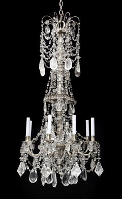 An Antique French Louis XVI Silvered Bronze, Rock Crystal & Crystal Chandelier