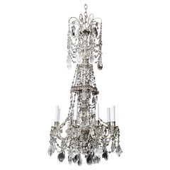 An Antique French Louis XVI Silvered Bronze, Rock Crystal & Crystal Chandelier