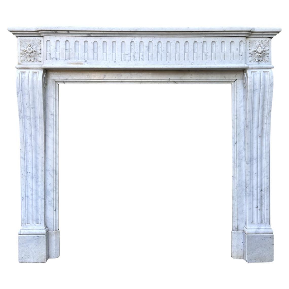 An Antique French Louis XVI Style Carrara Marble Fireplace Mantel 