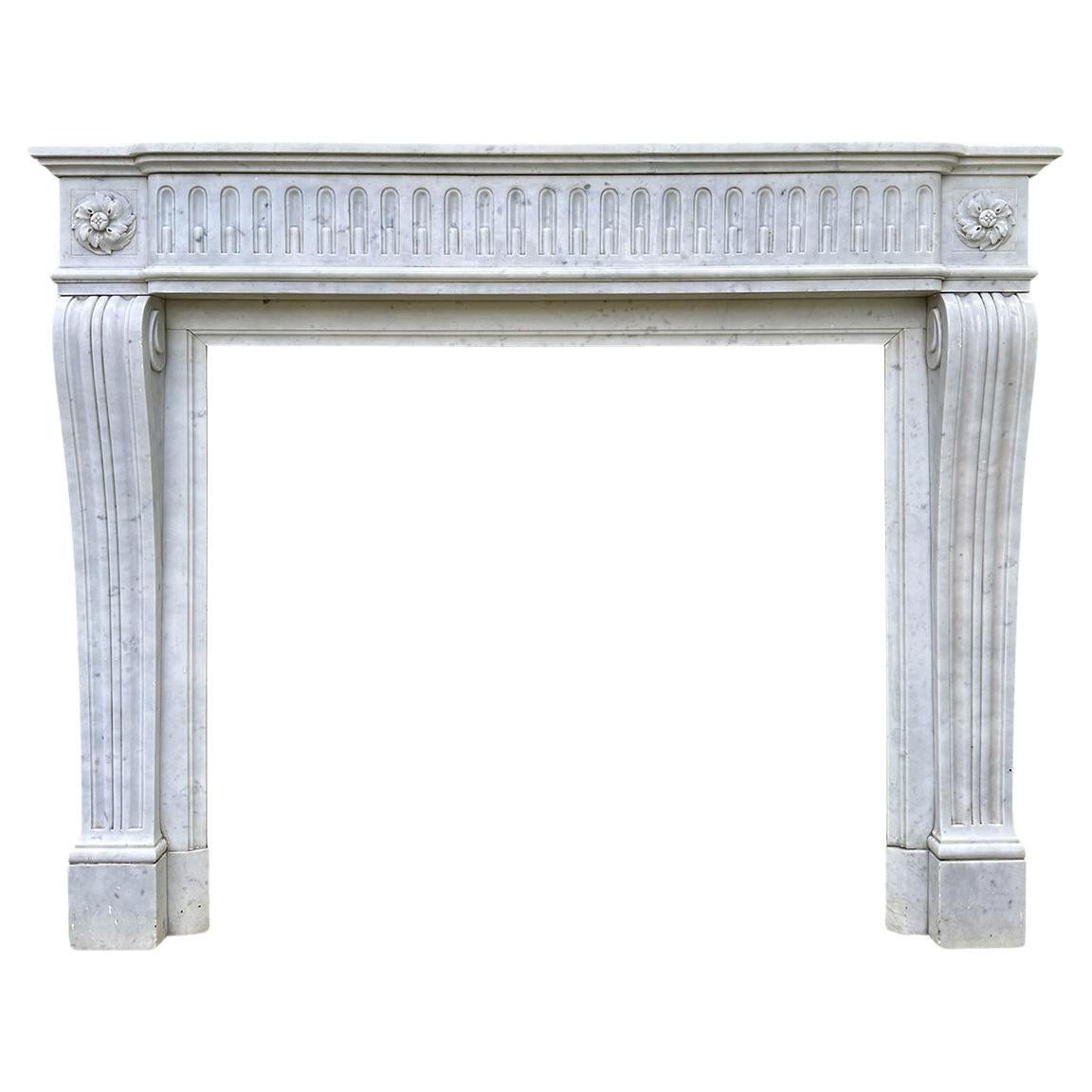 An Antique French Louis XVI Style Carrara Marble Fireplace Mantel  For Sale
