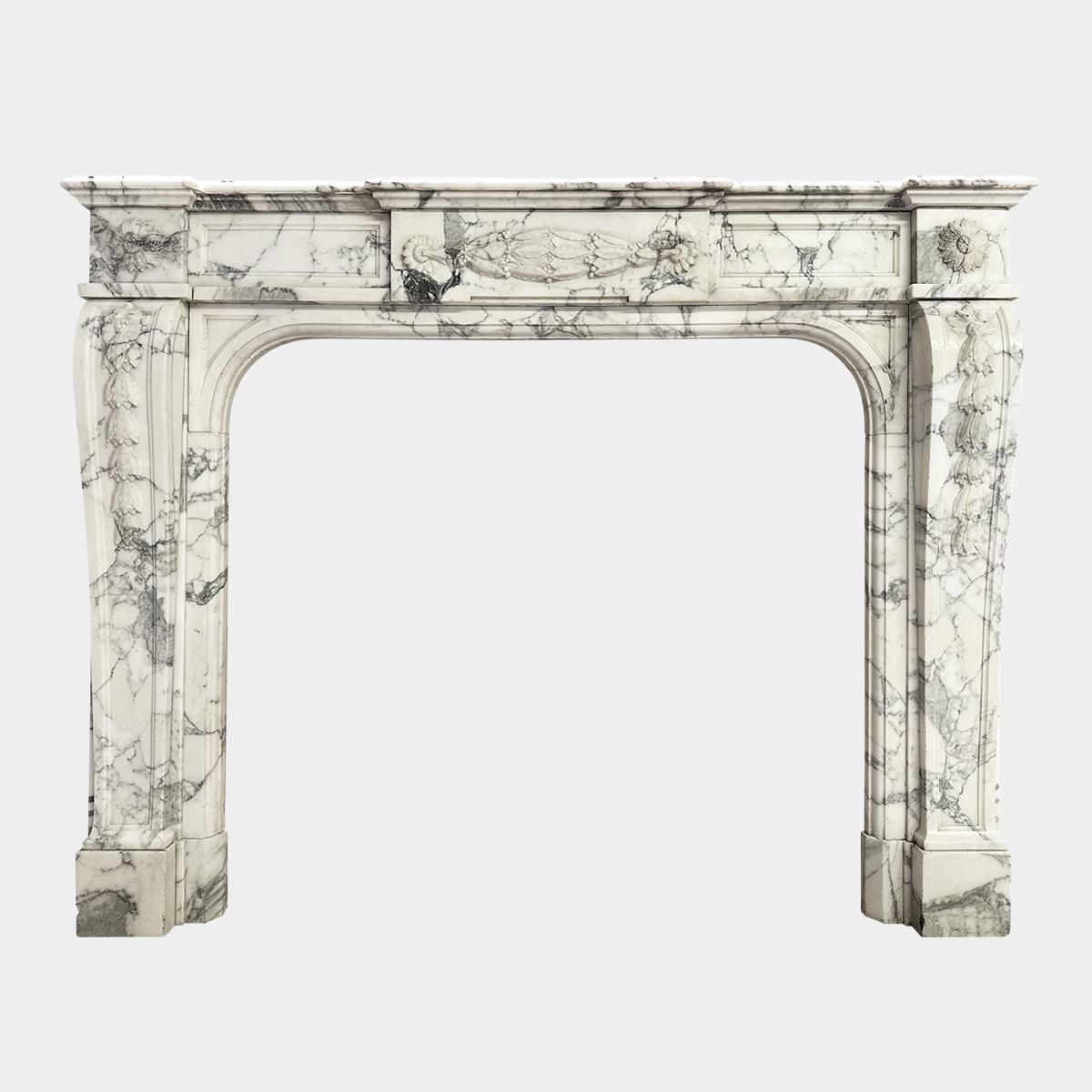 Hand-Carved An Antique French Louis XVI Style Fireplace Mantel In Arabescato marble  For Sale