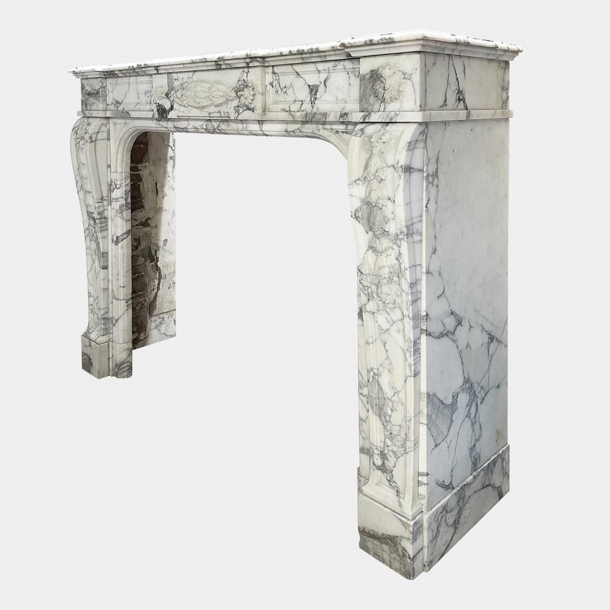 Mid-19th Century An Antique French Louis XVI Style Fireplace Mantel In Arabescato marble  For Sale