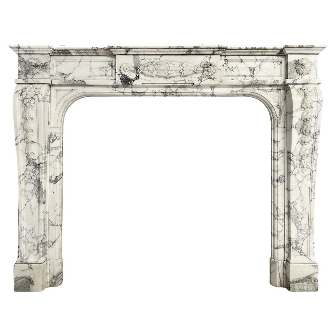An Antique French Louis XVI Style Fireplace Mantel In Arabescato marble 