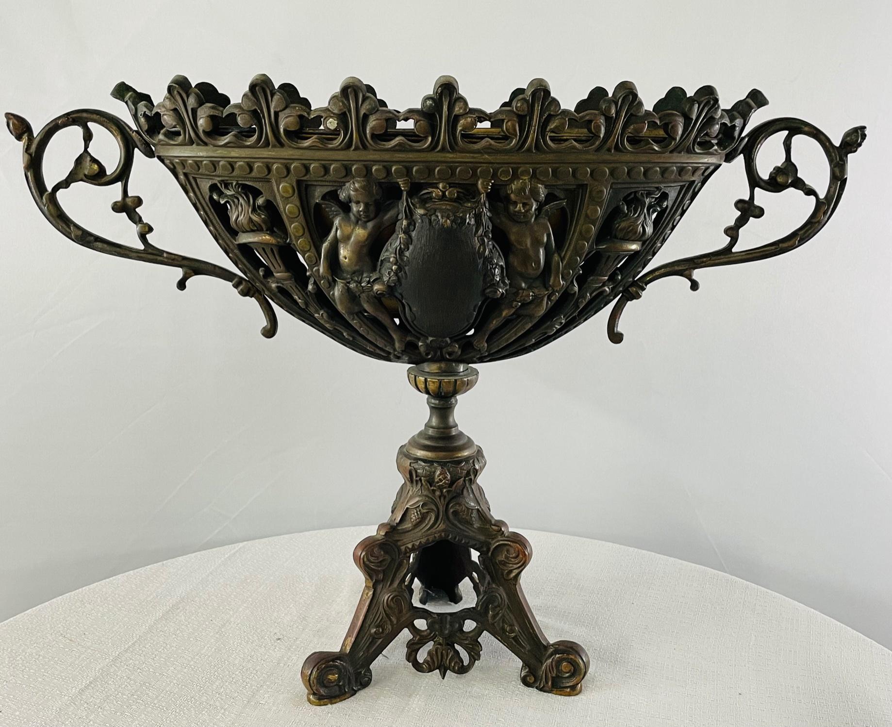 Antique French Patinated Bronze Cherub Vase or Urn For Sale 5