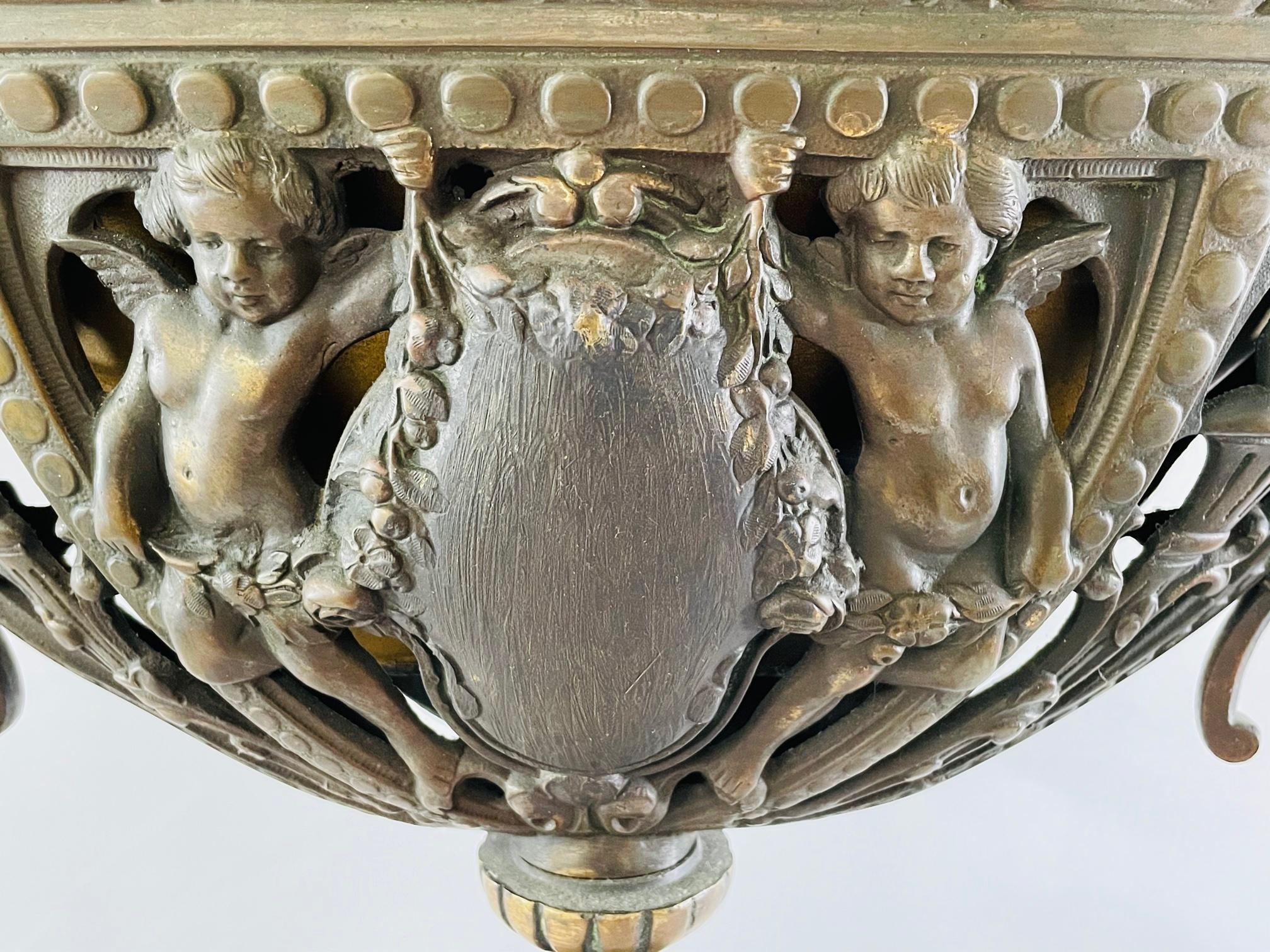 Antique French Patinated Bronze Cherub Vase or Urn For Sale 6