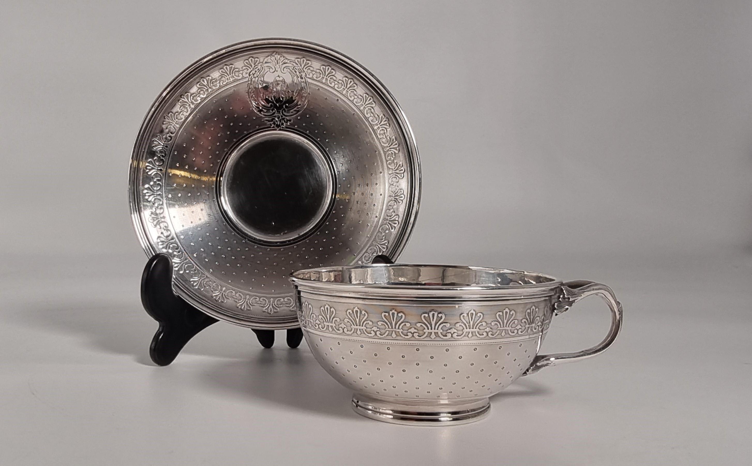 An antique French silver tea or coffee cup and saucer circa 1860 For Sale 6