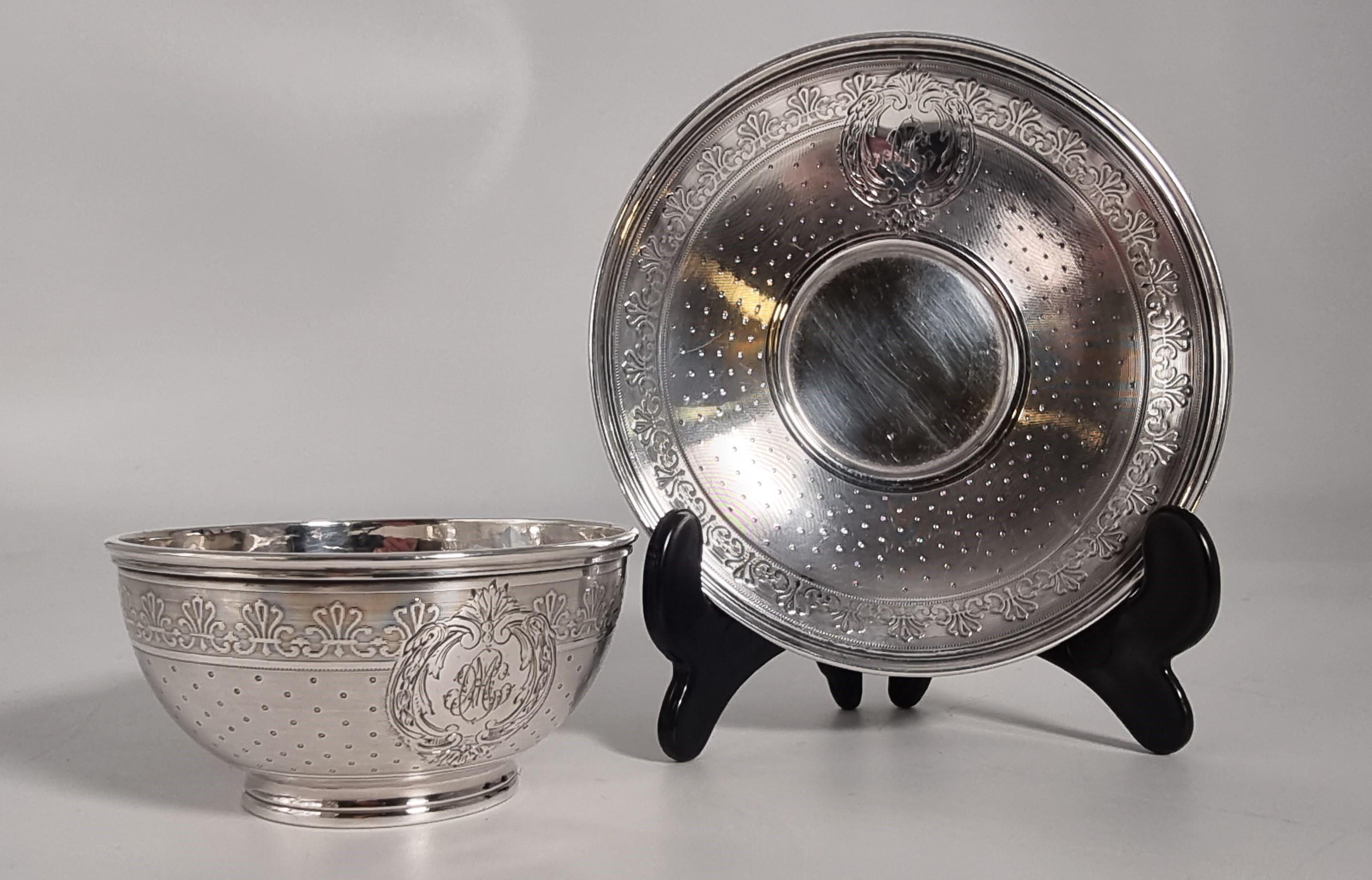 This most stylish heavy French solid silver tea or coffee cup and matching saucer are boldly marked in several places with the French high grade Minerva silver mark for .950 grade silver.

This most restrained piece is of an elegant but simple form