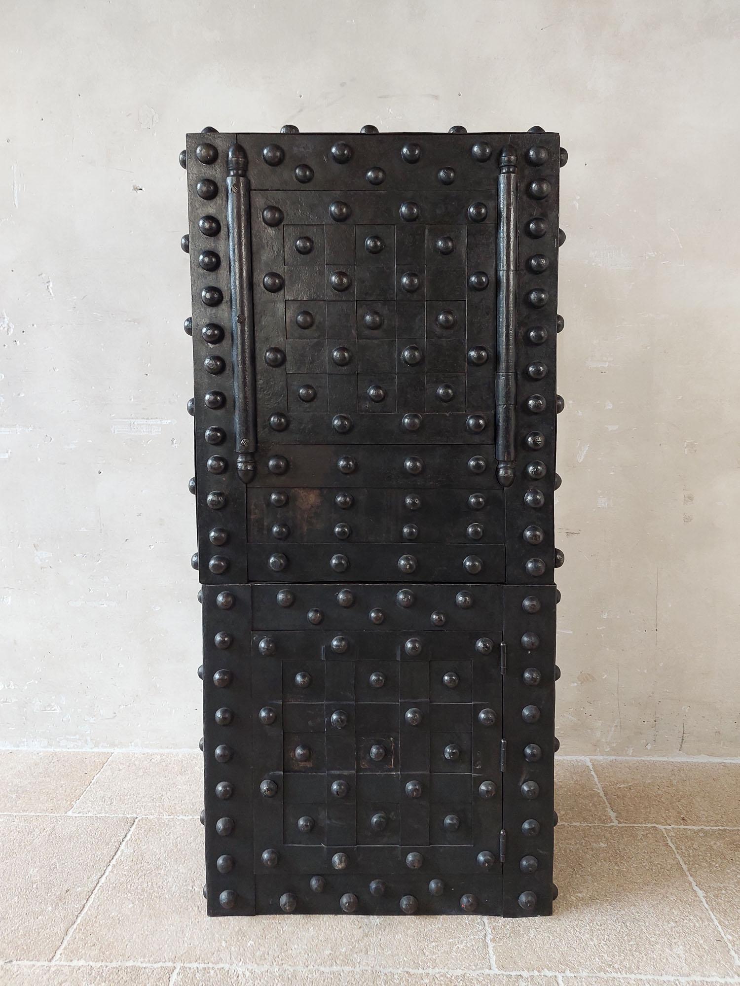 An Antique French Wrought Iron over Wood Hobnail Safe For Sale 6