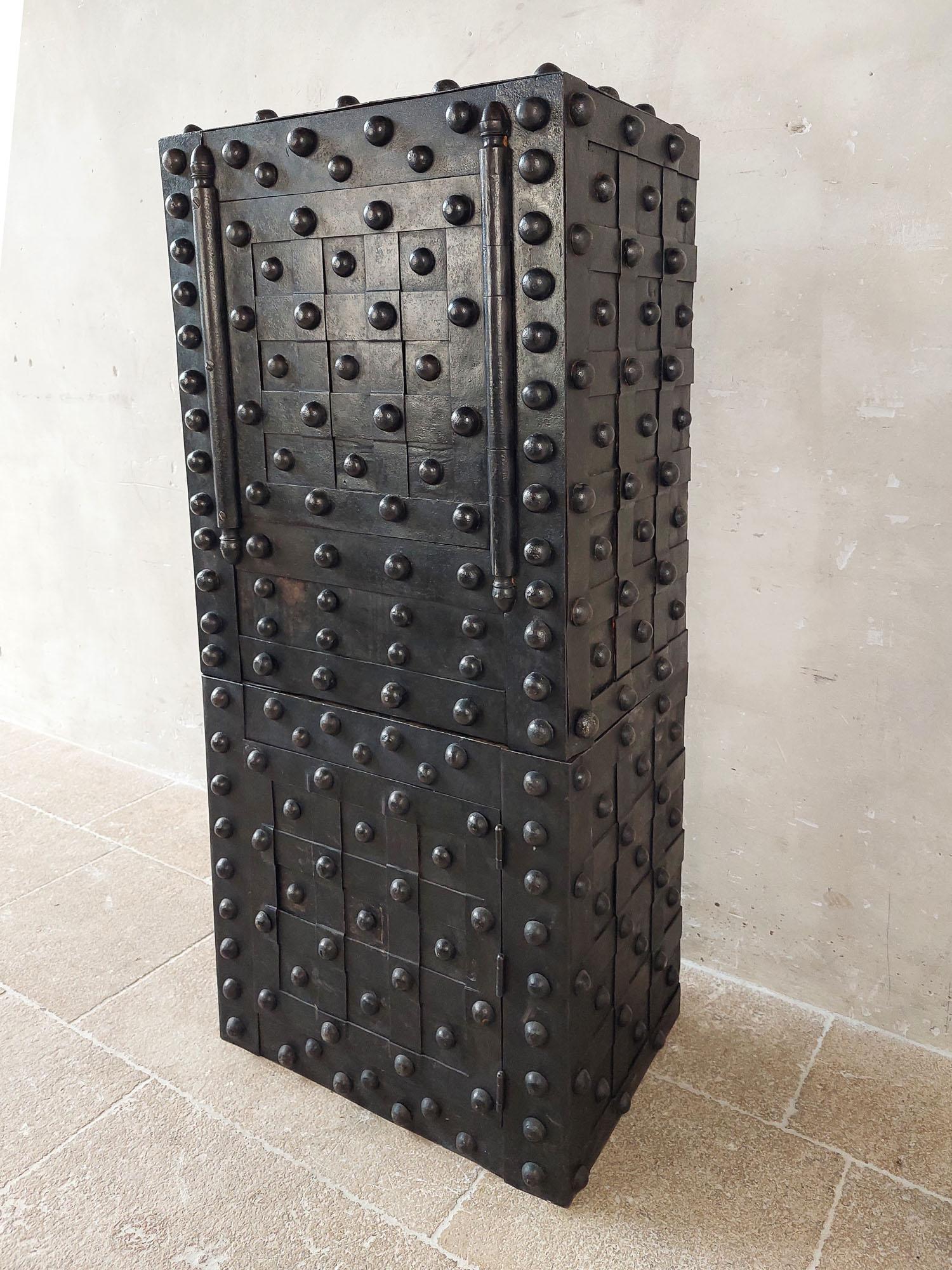 An Antique French Wrought Iron over Wood Hobnail Safe For Sale 7