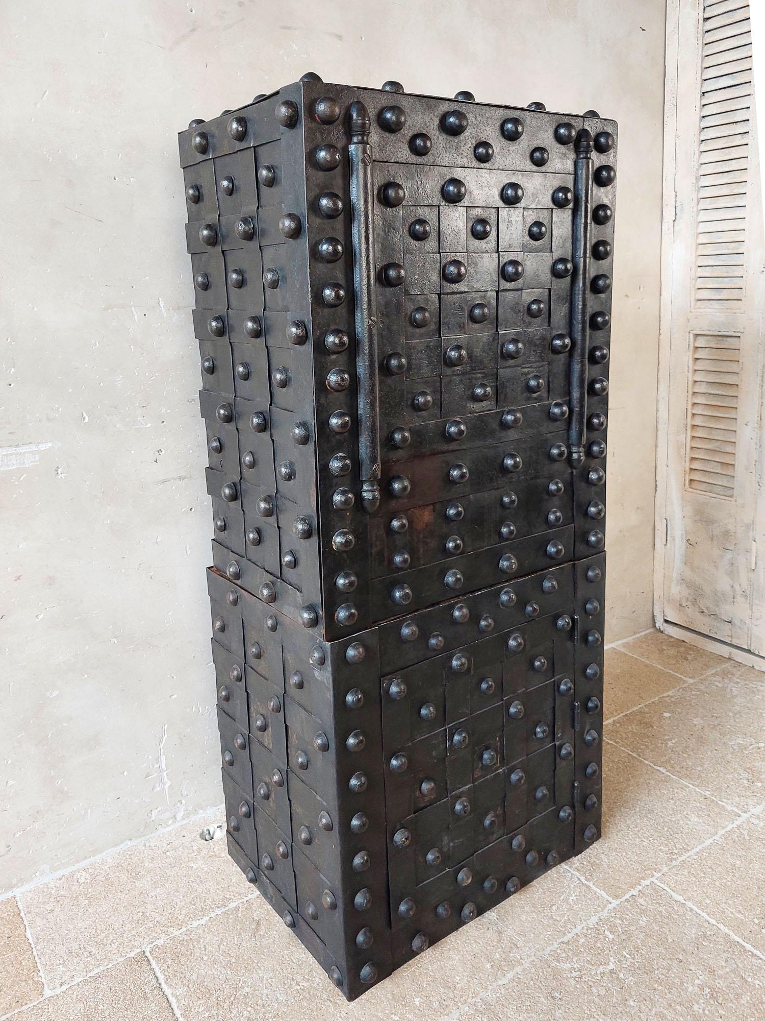 An Antique French Wrought Iron over Wood Hobnail Safe For Sale 8