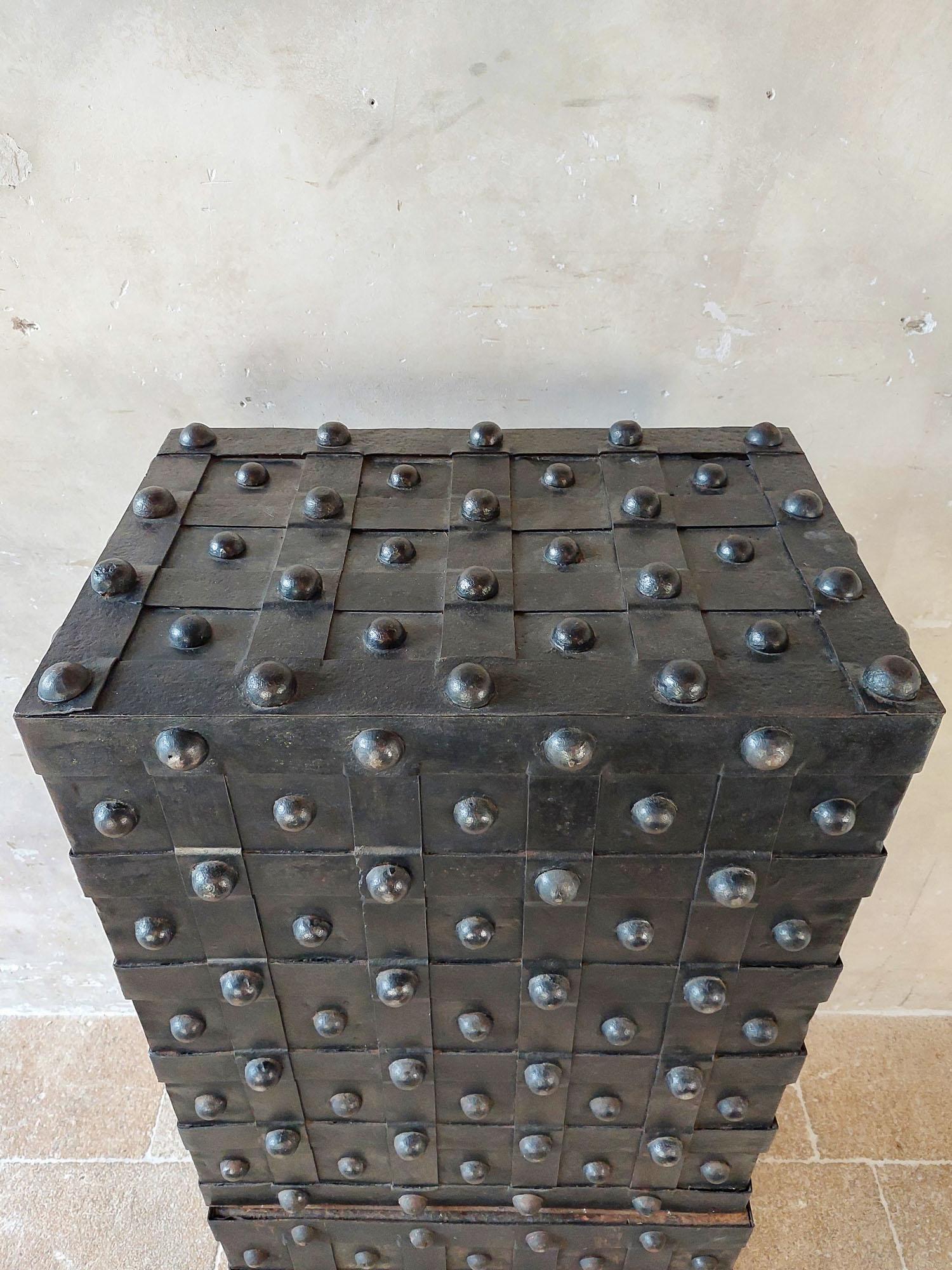 An Antique French Wrought Iron over Wood Hobnail Safe For Sale 12