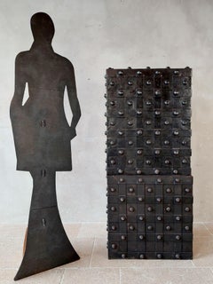 An Antique French Wrought Iron over Wood Hobnail Safe