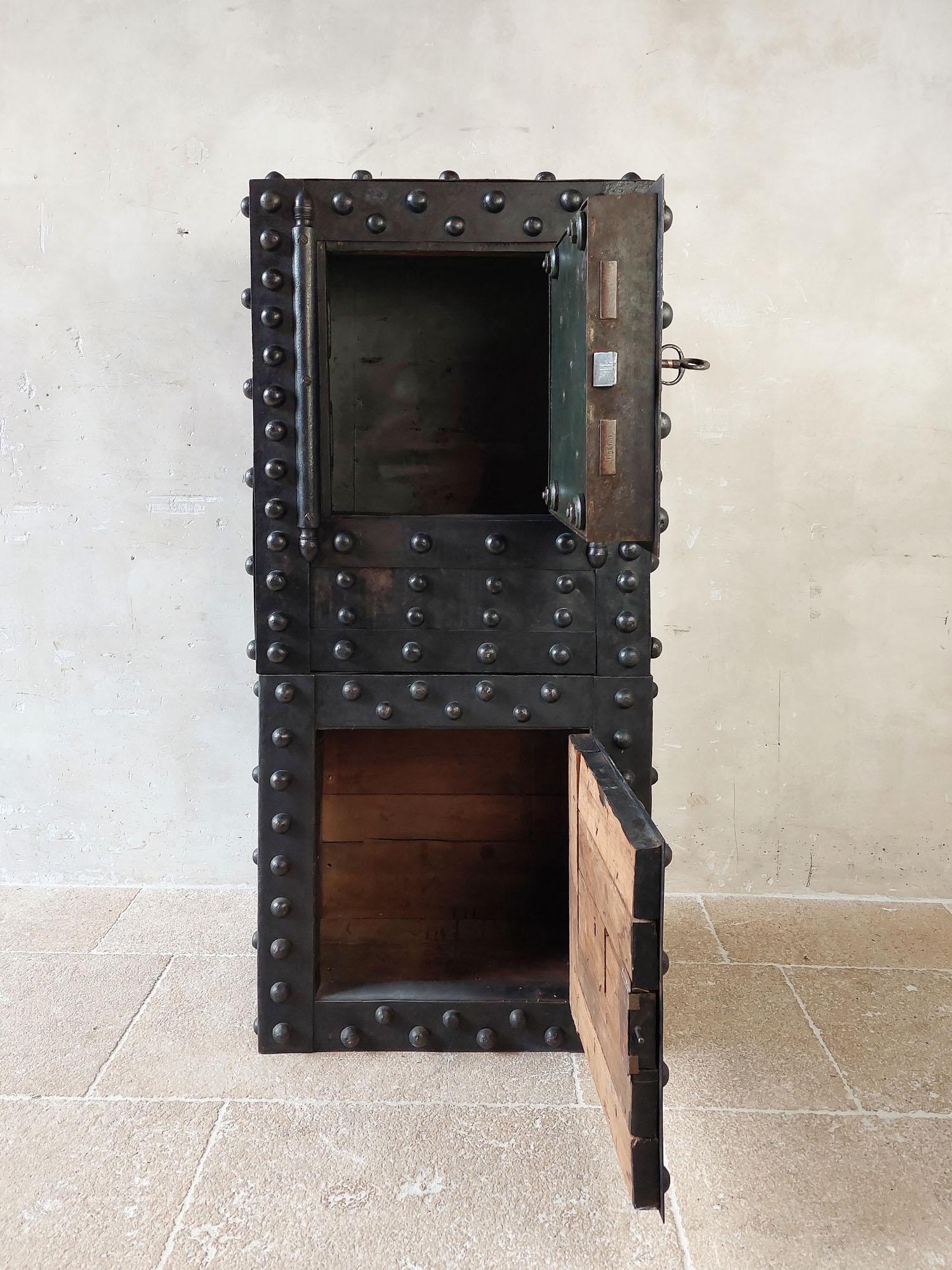 19th Century An Antique French Wrought Iron over Wood Hobnail Safe For Sale