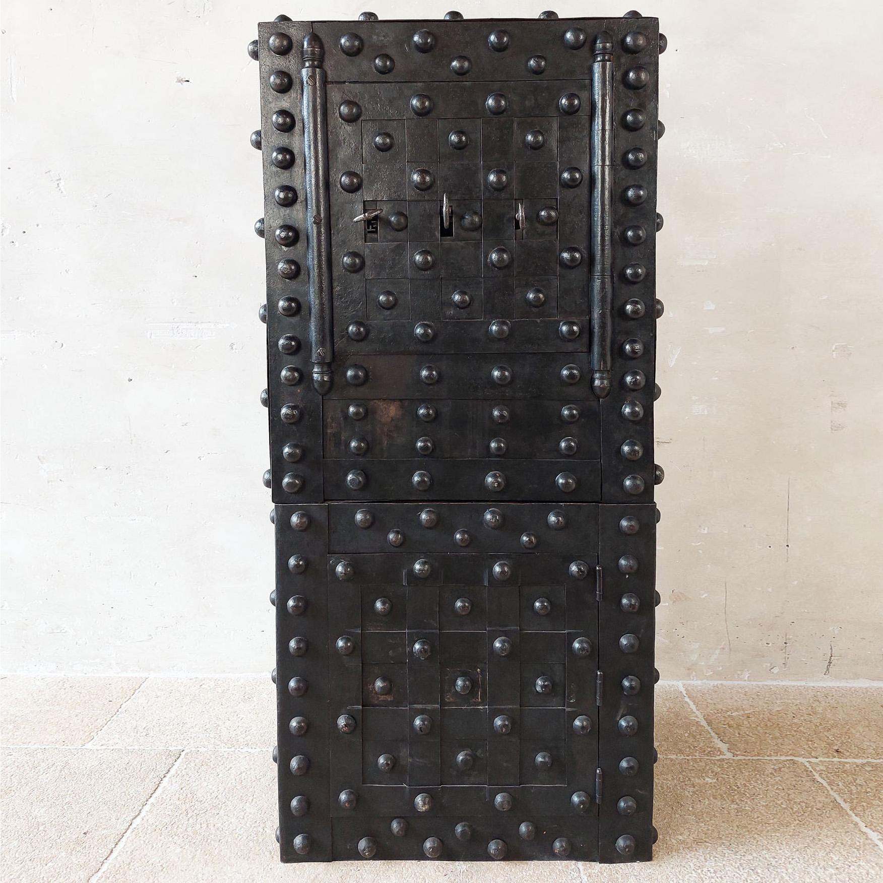 An Antique French Wrought Iron over Wood Hobnail Safe For Sale 4