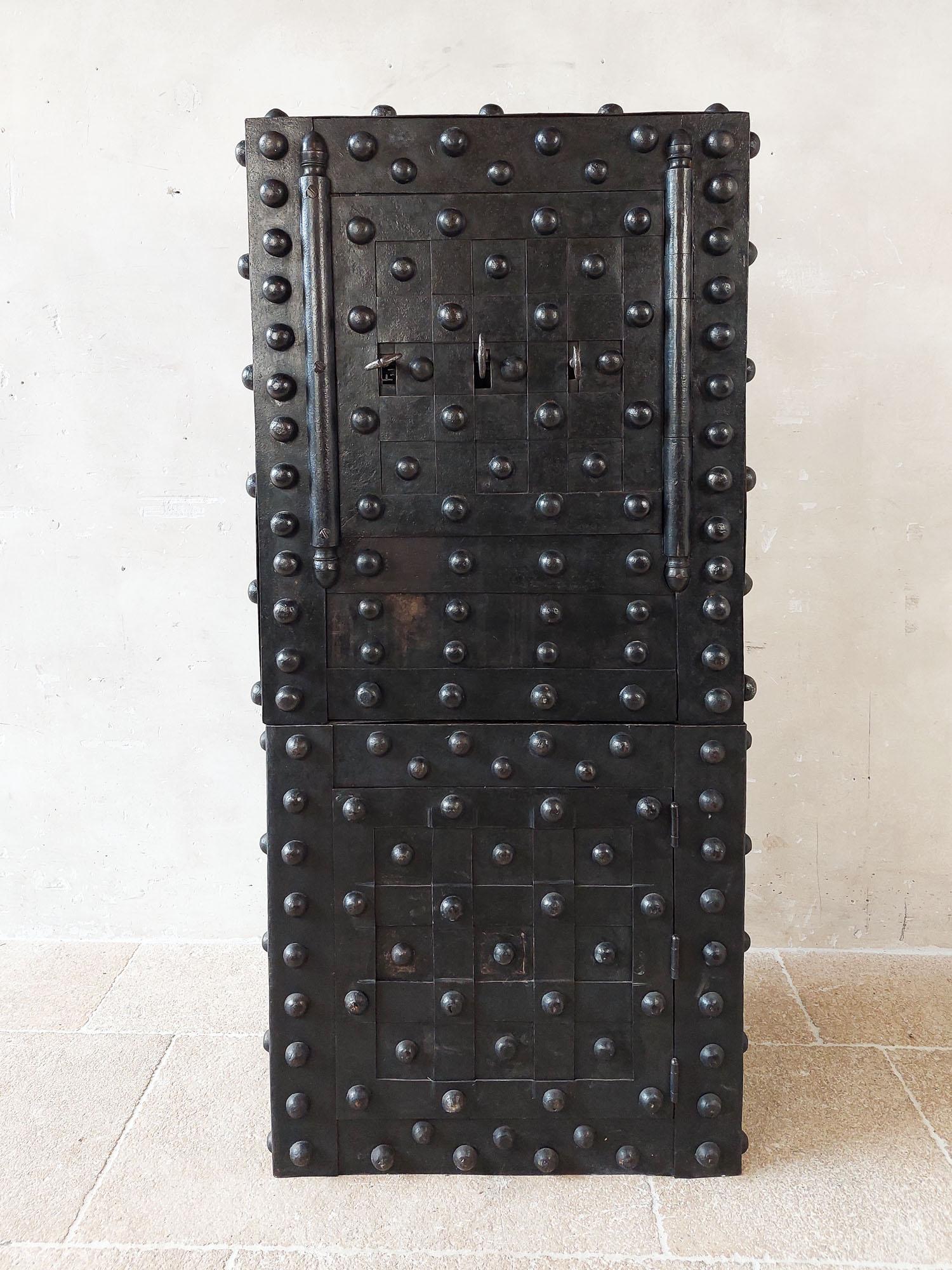 An Antique French Wrought Iron over Wood Hobnail Safe For Sale 5