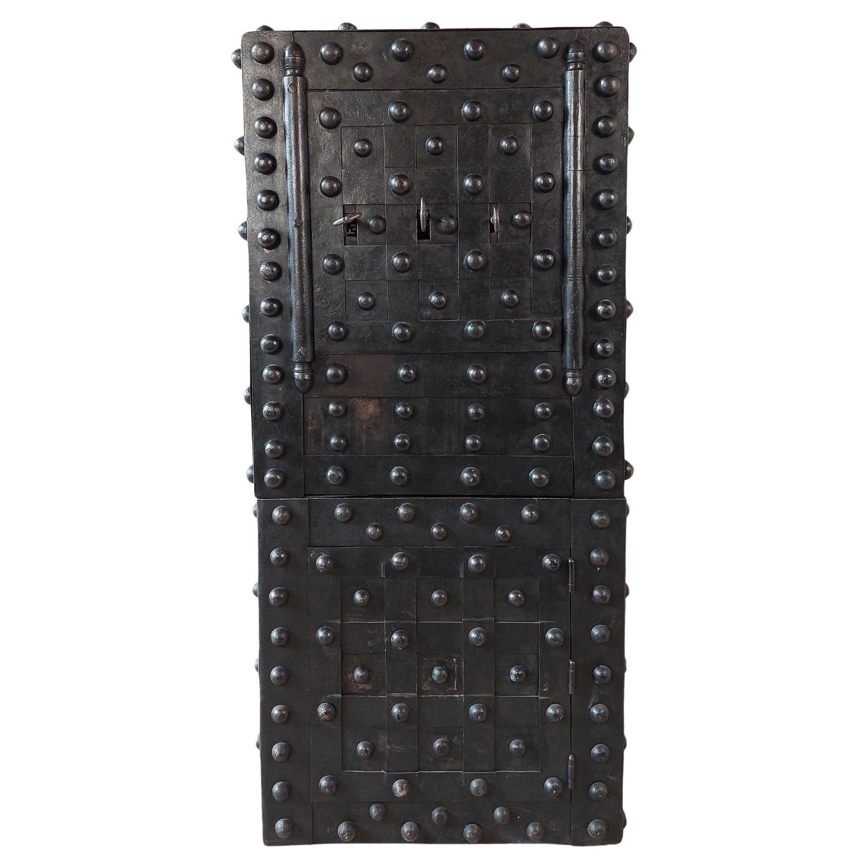 An Antique French Wrought Iron over Wood Hobnail Safe For Sale