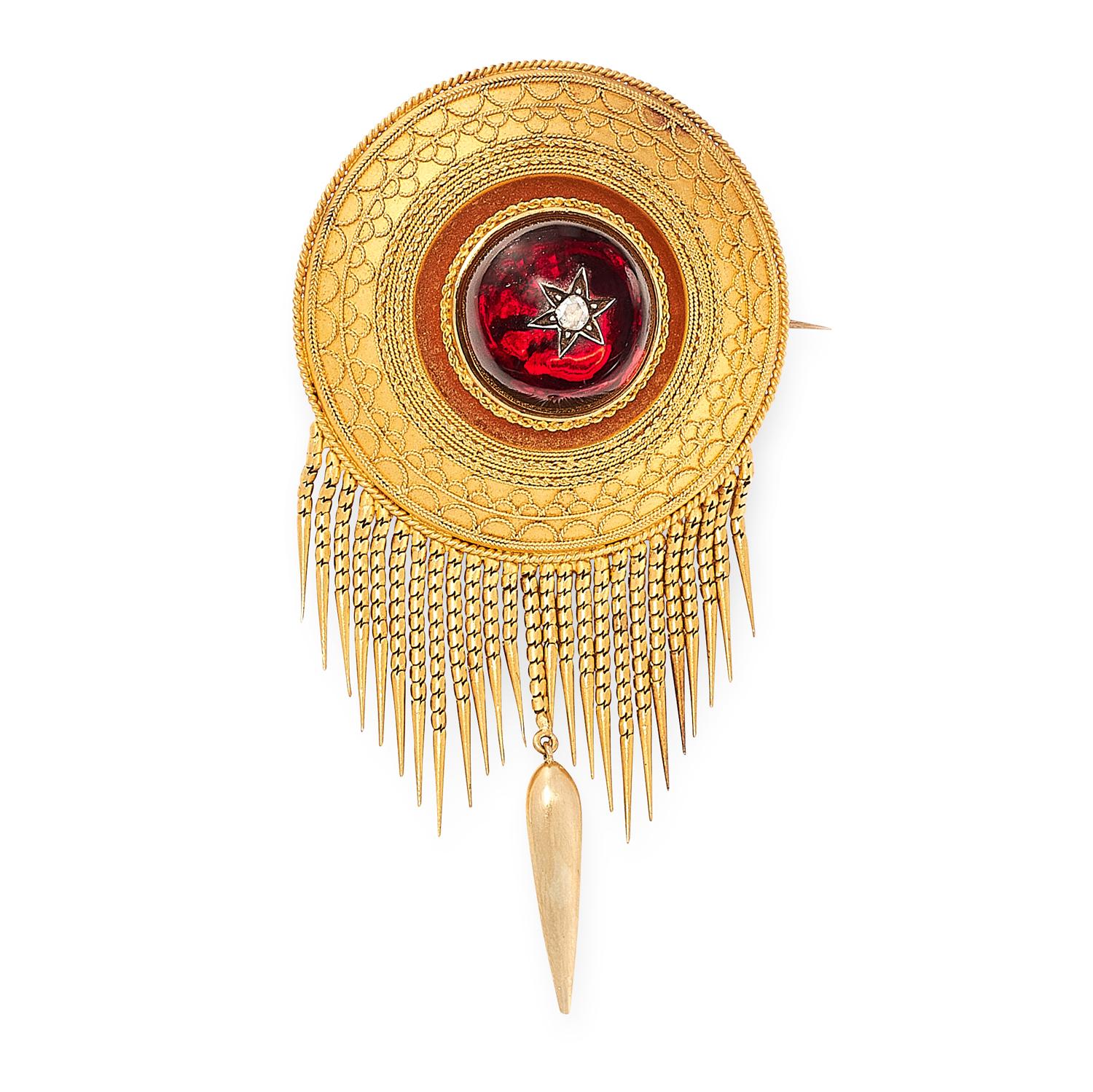 Women's or Men's Antique Garnet and Diamond Mourning Tassel Brooch, 19th Century For Sale