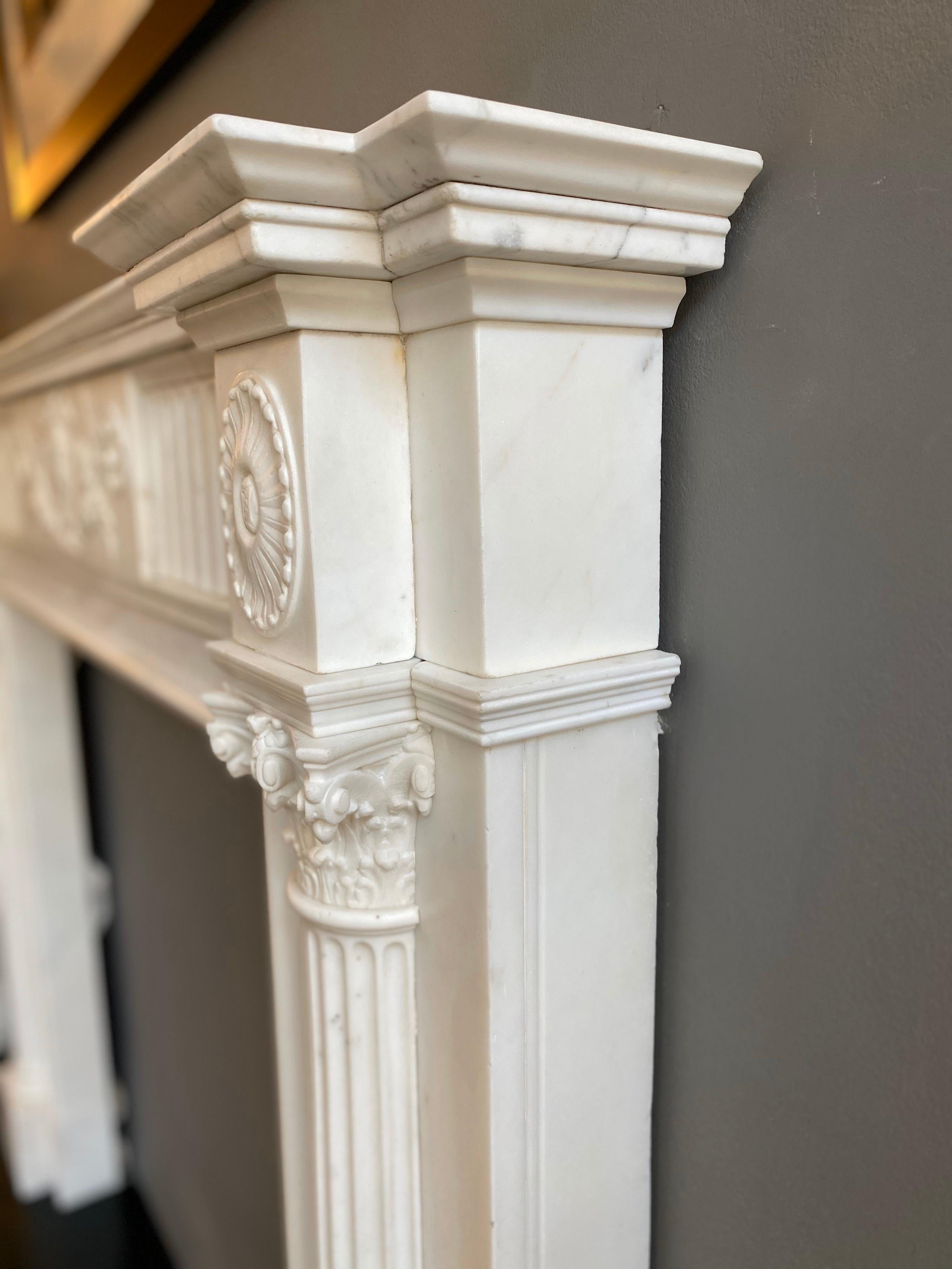 18th Century Antique Georgian Neoclassical Fireplace Mantel in Statuary White Marble For Sale