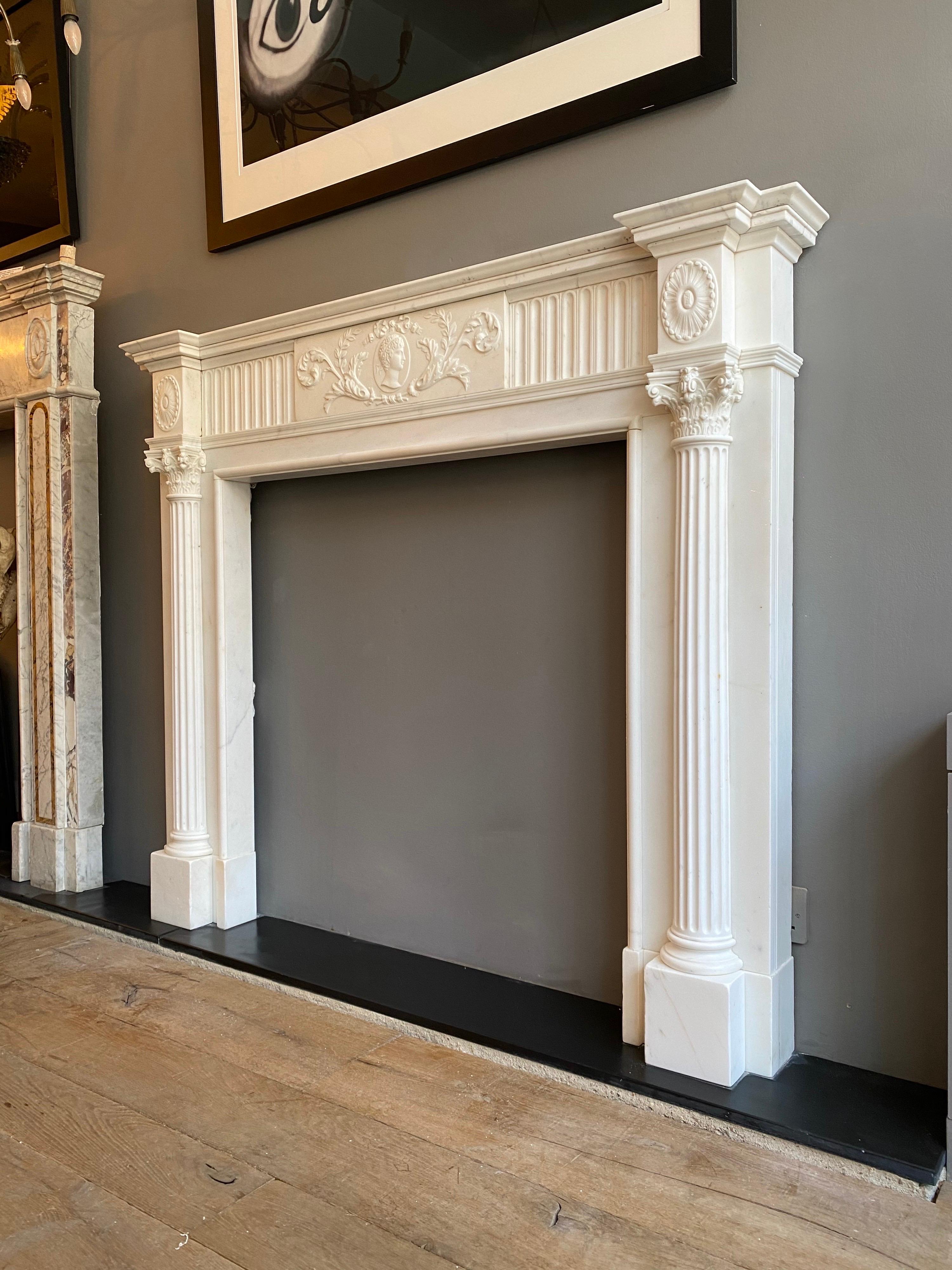 Statuary Marble Antique Georgian Neoclassical Fireplace Mantel in Statuary White Marble For Sale