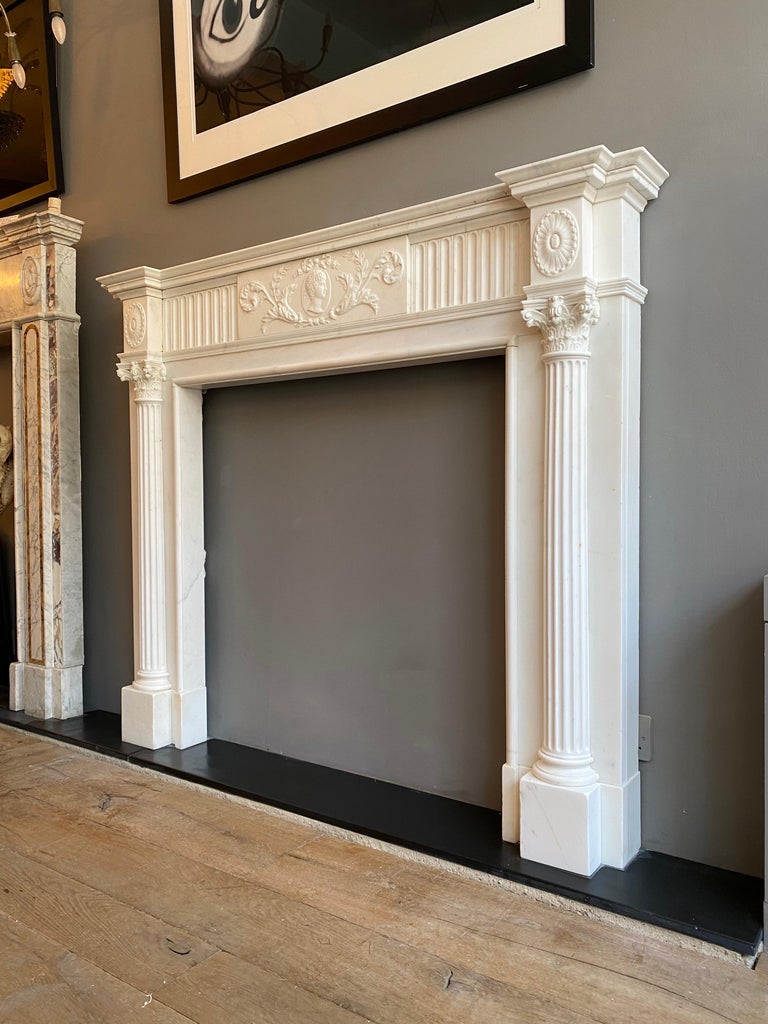 Antique Neoclassical Fireplace Mantel in Statuary White Marble