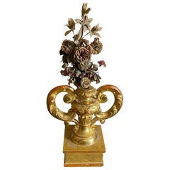 1850 Antique Gilded Wood Sicilian Palm Holder with Flower Arrangement