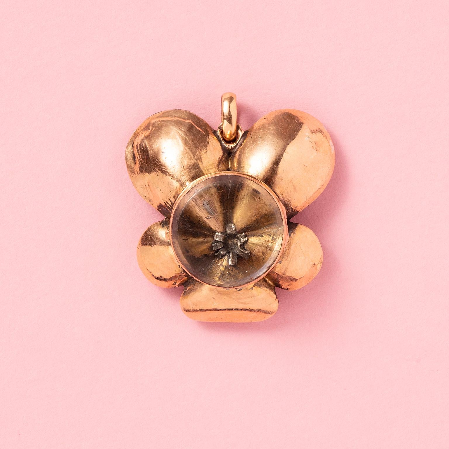 Art Nouveau An Antique Gold and Silver Pansy Pendant set with Paste For Sale