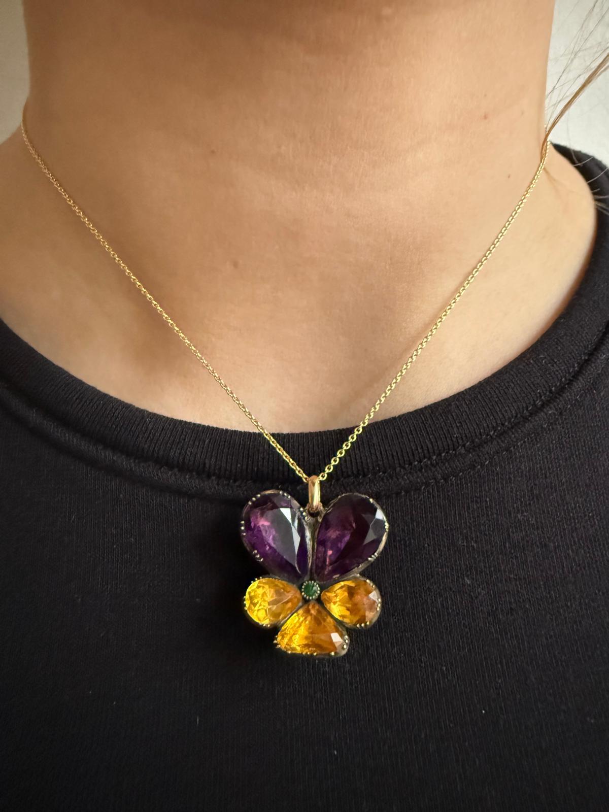 Women's or Men's An Antique Gold and Silver Pansy Pendant set with Paste For Sale
